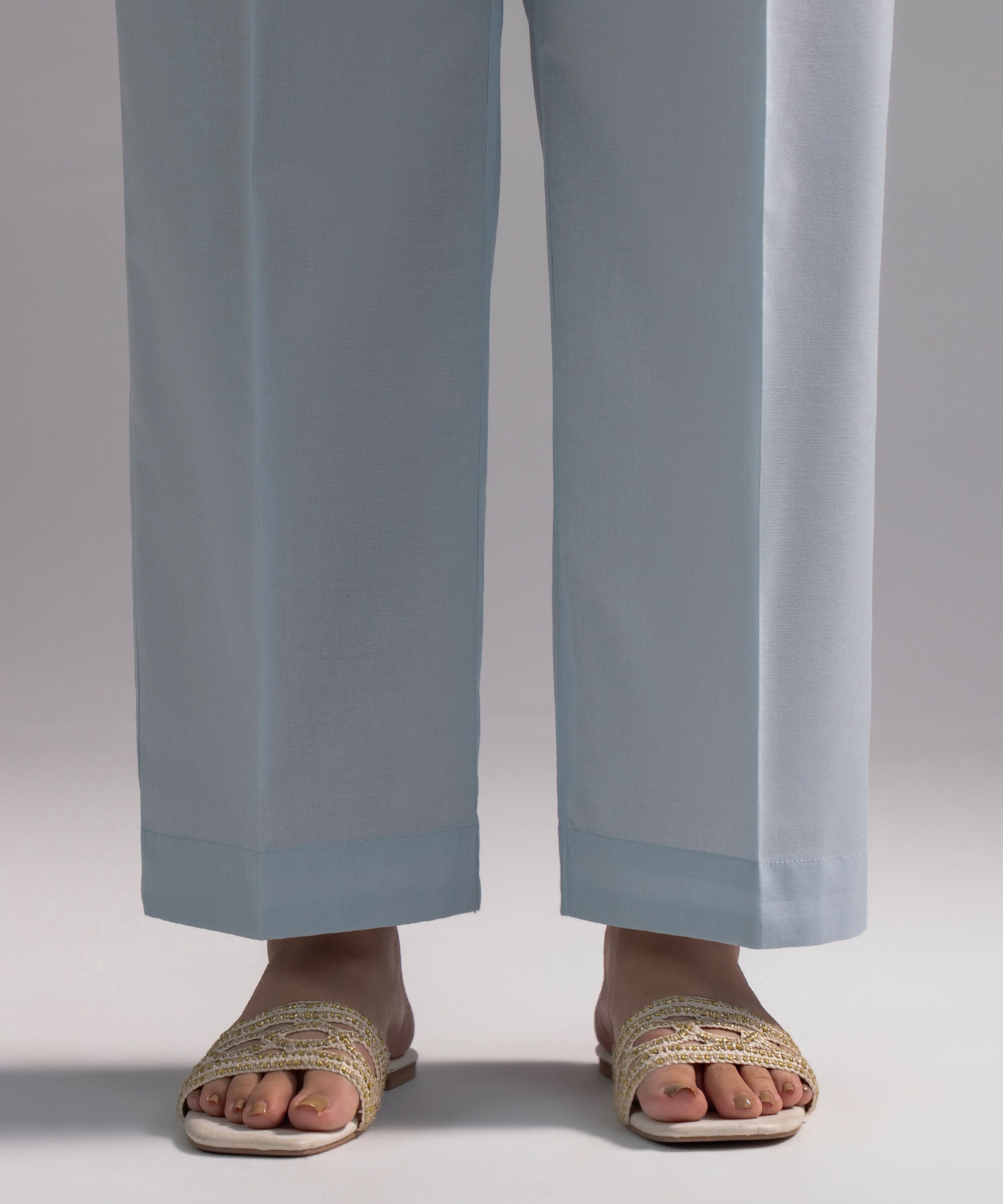 Women's RTW Cambric Solid Light Blue Straight Pants