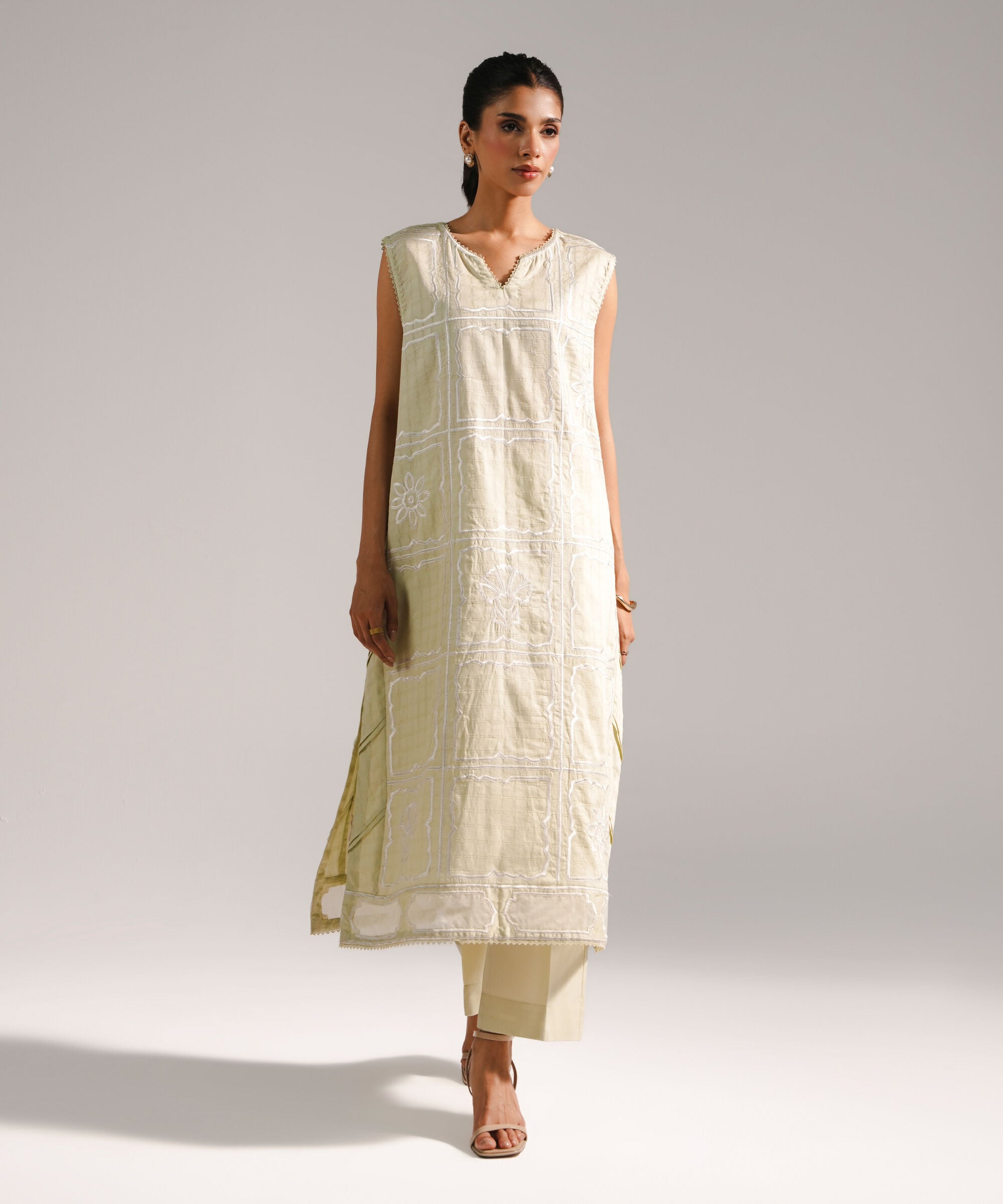Women's RTW Dobby Embroidered Straight Mint Green Shirt