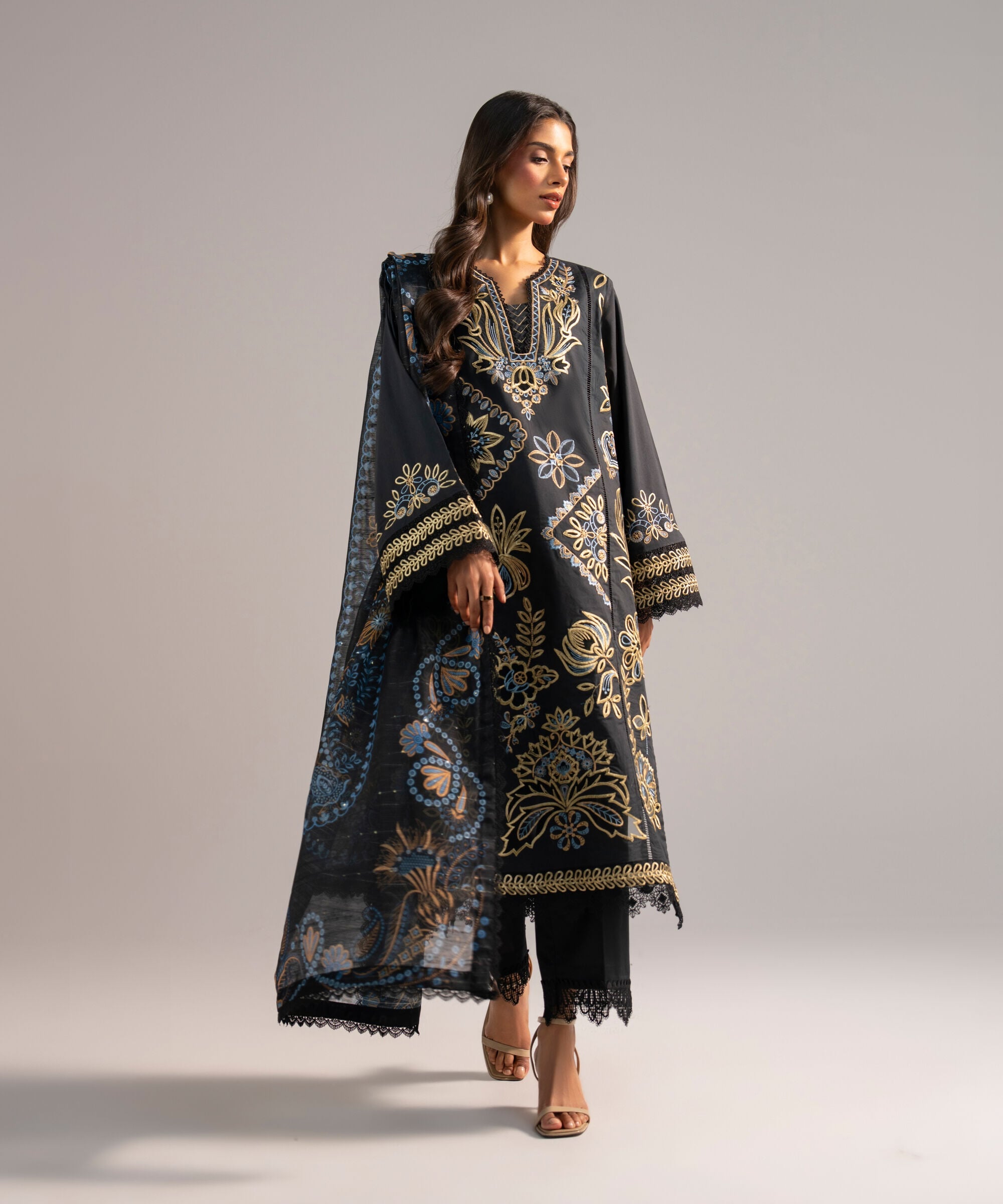 Women's RTW Lawn Embroidered Black 3 Piece Suit