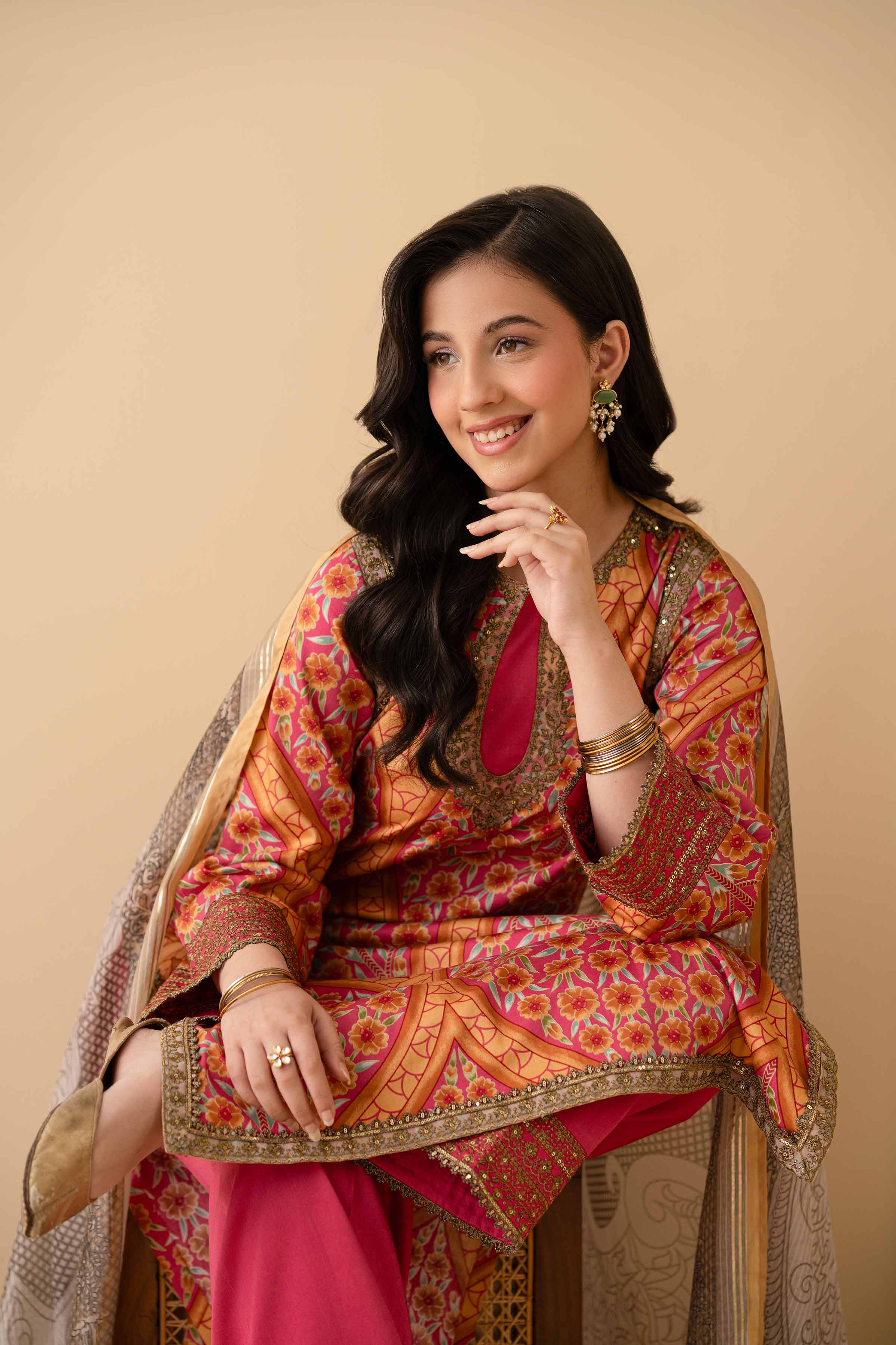 3 Piece - Printed Embroidered Suit - PE25-377