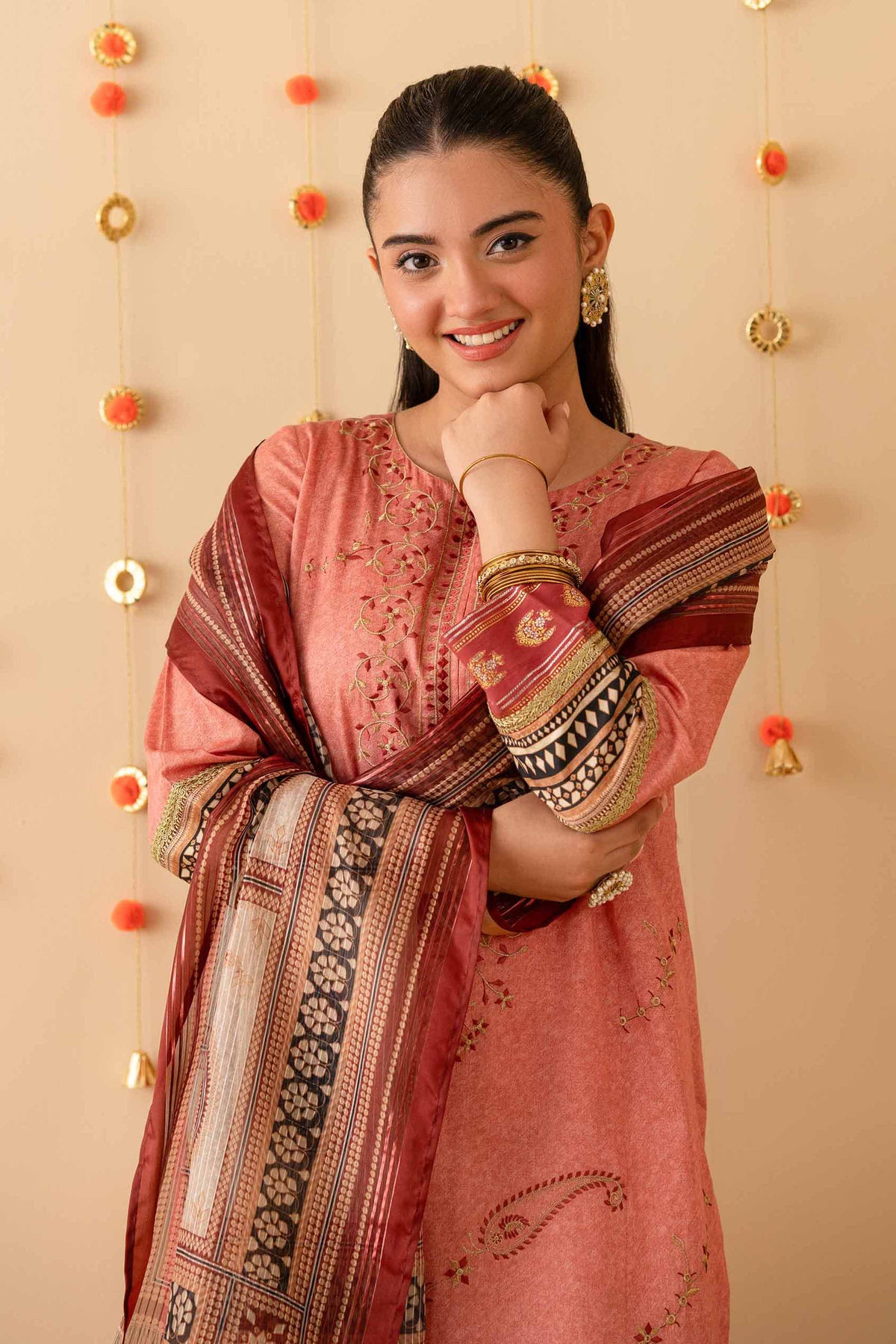 3 Piece - Printed Embroidered Suit - PE25-452