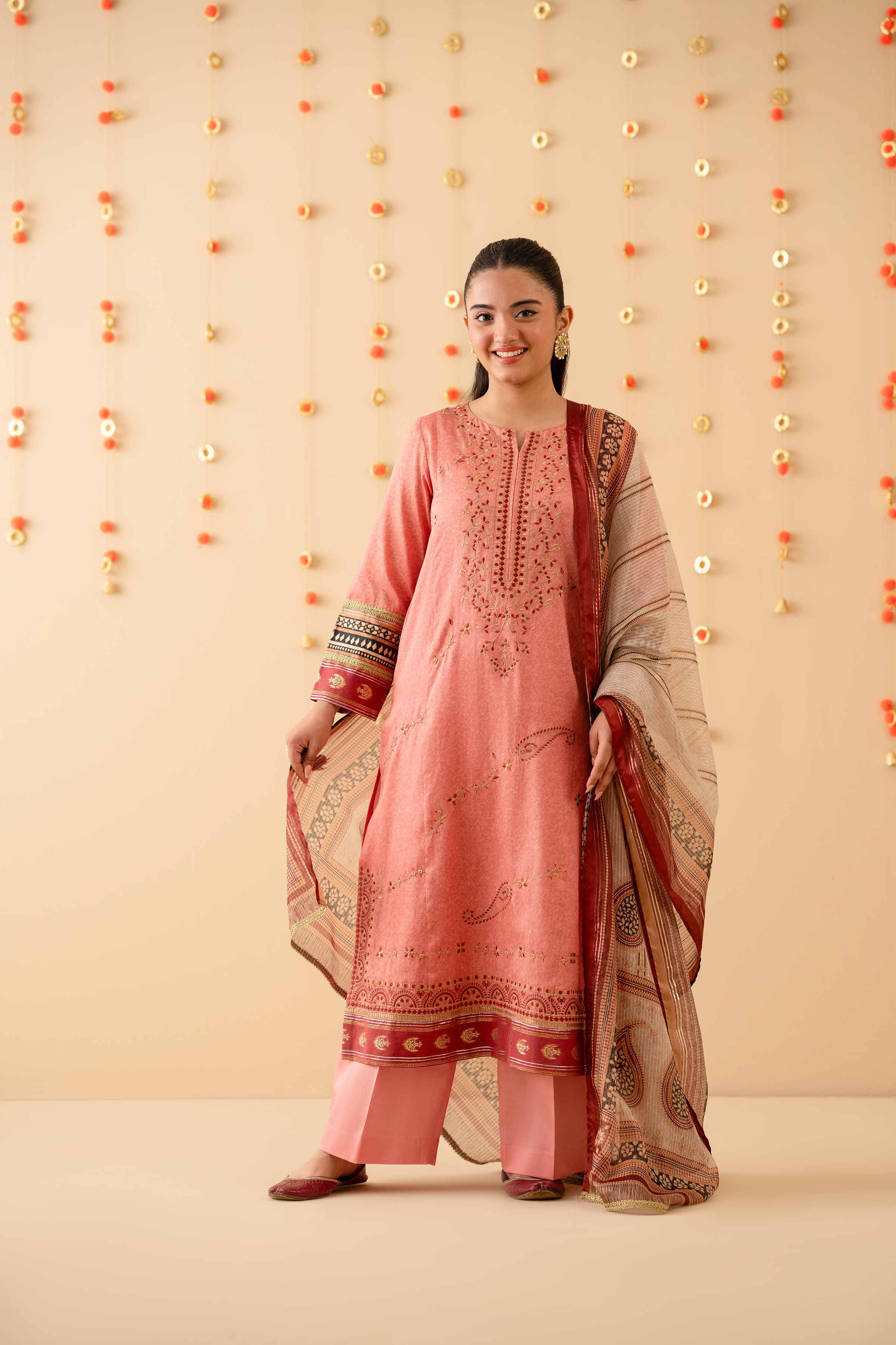 3 Piece - Printed Embroidered Suit - PE25-452