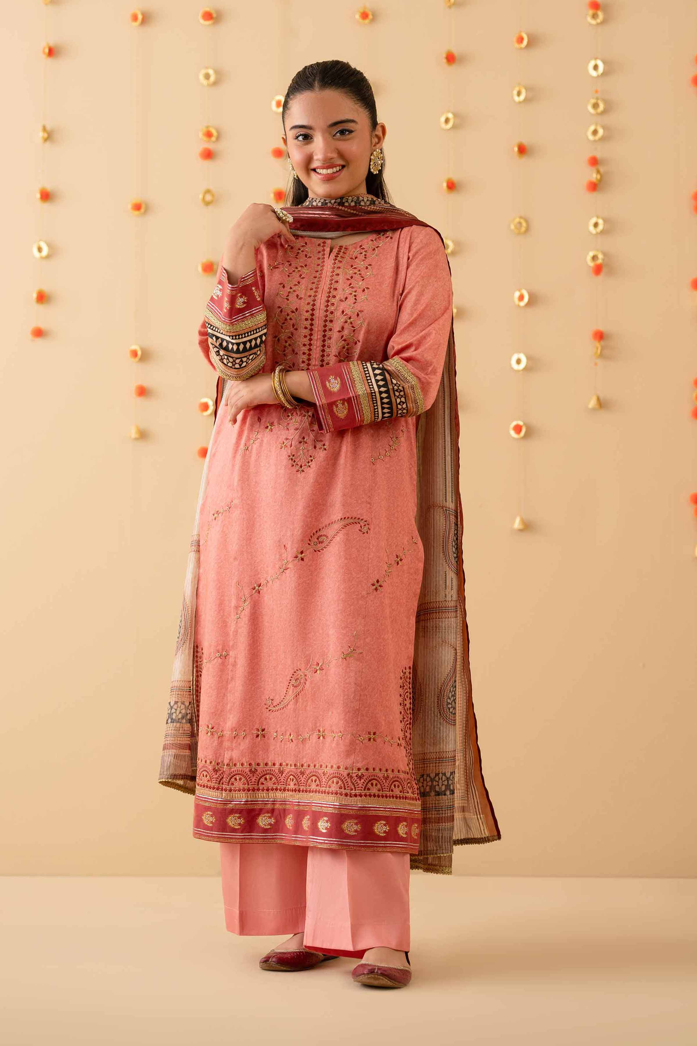 3 Piece - Printed Embroidered Suit - PE25-452