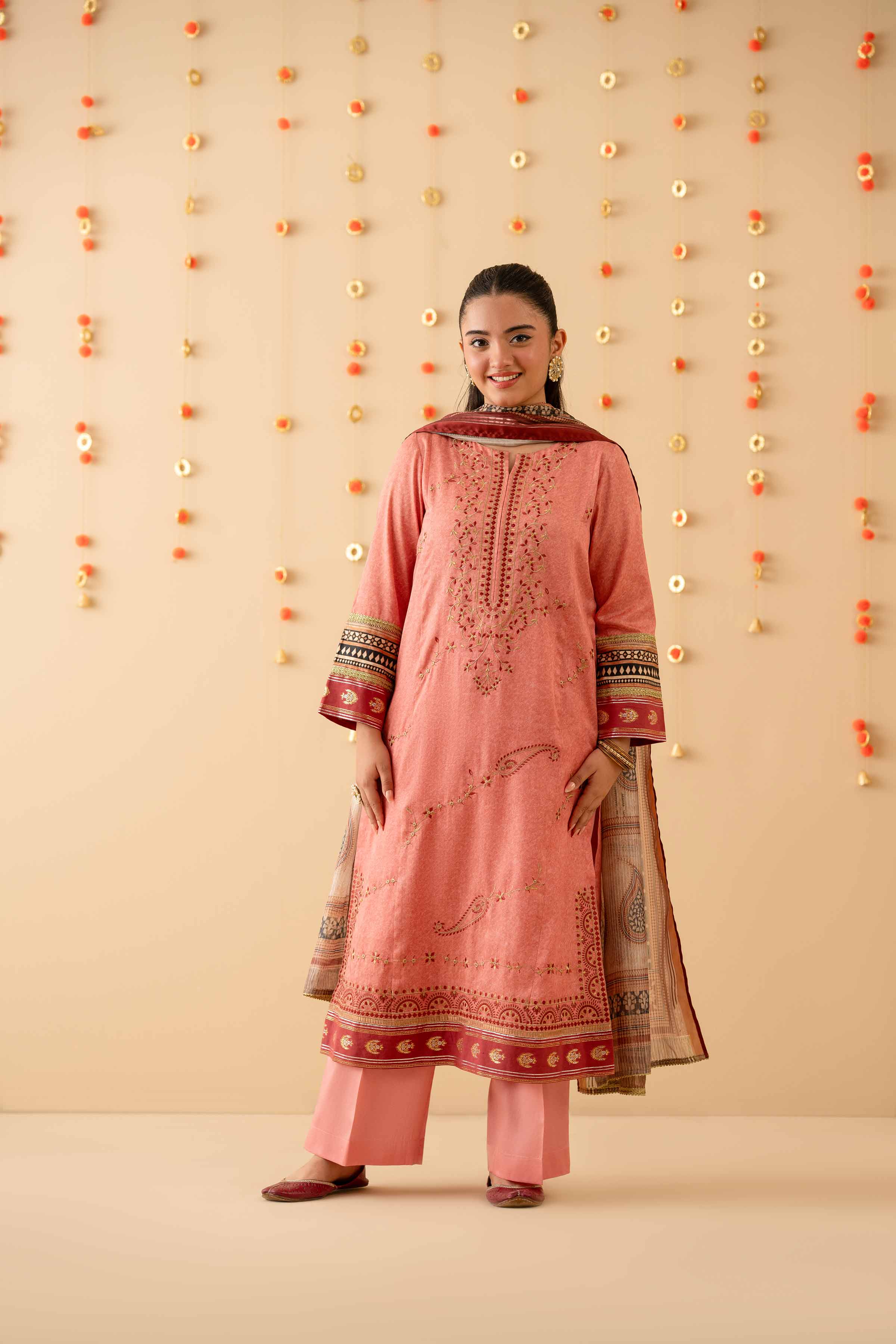 3 Piece - Printed Embroidered Suit - PE25-452