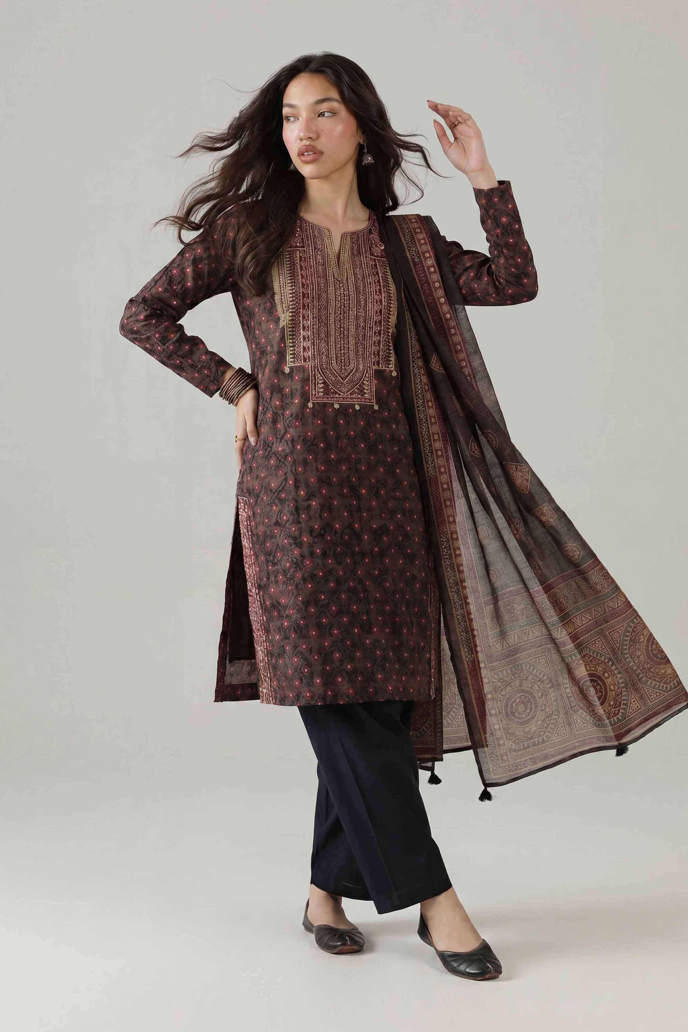 3 Piece - Printed Embroidered Suit - PE26-333