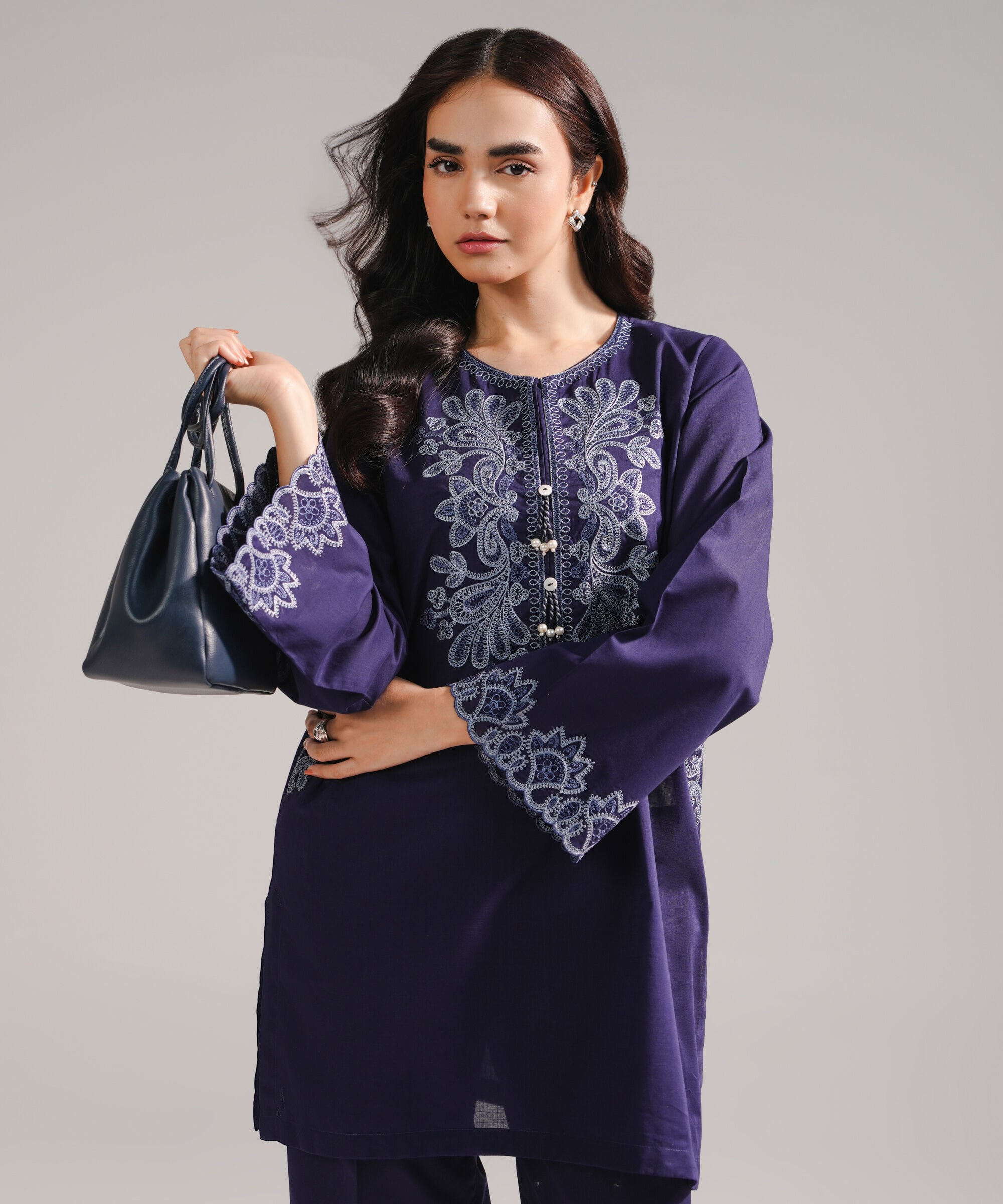 Women's RTW Cross Hatch Embroidered Dark Blue Straight Shirt