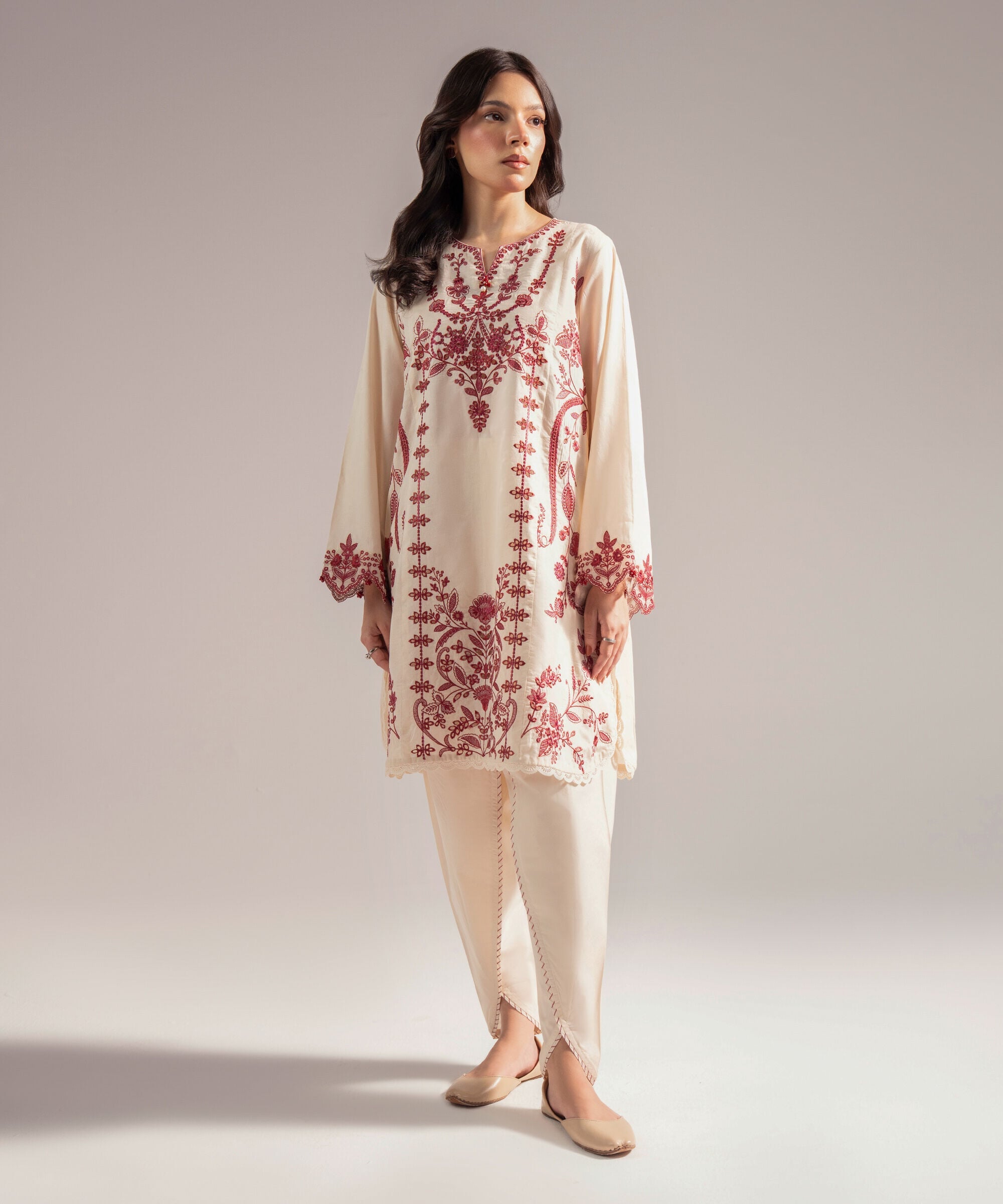 Women's RTW Self Jacquard Embroidered Straight Off White Shirt