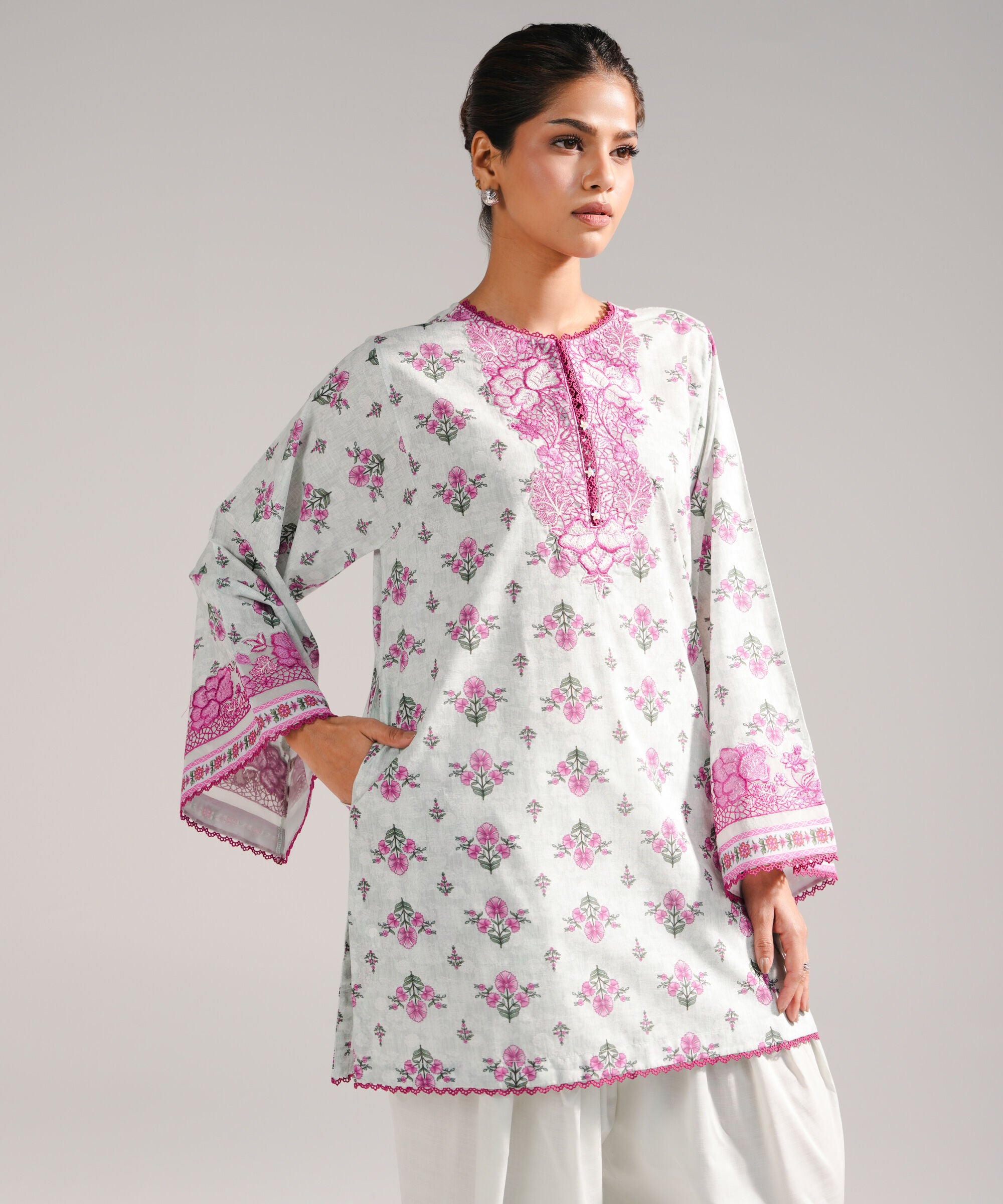 Women's RTW Slub Lawn Embroidered Seafoam Green Straight Shirt