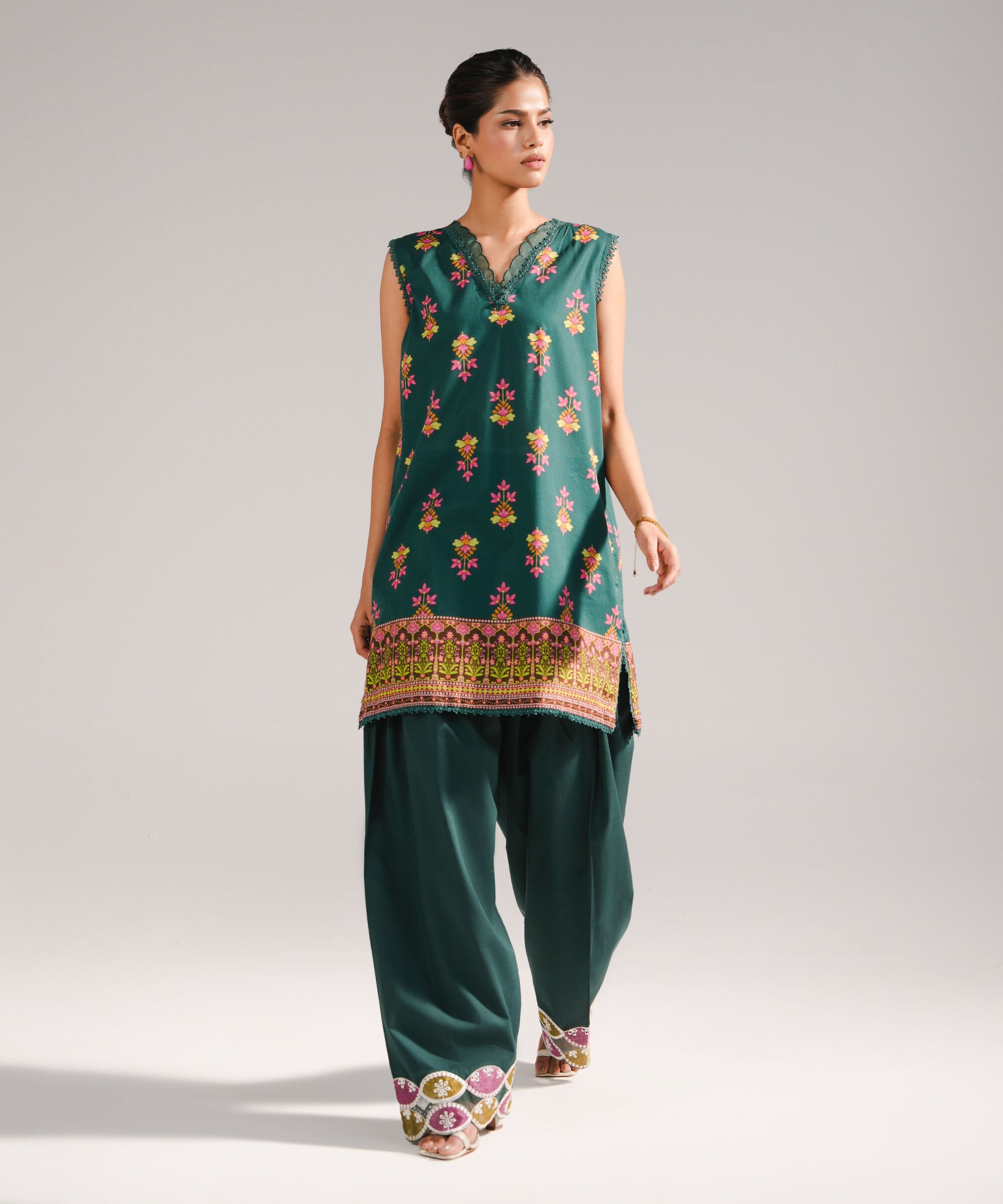 Women's RTW Slub Lawn Printed Dark Green Straight Shirt