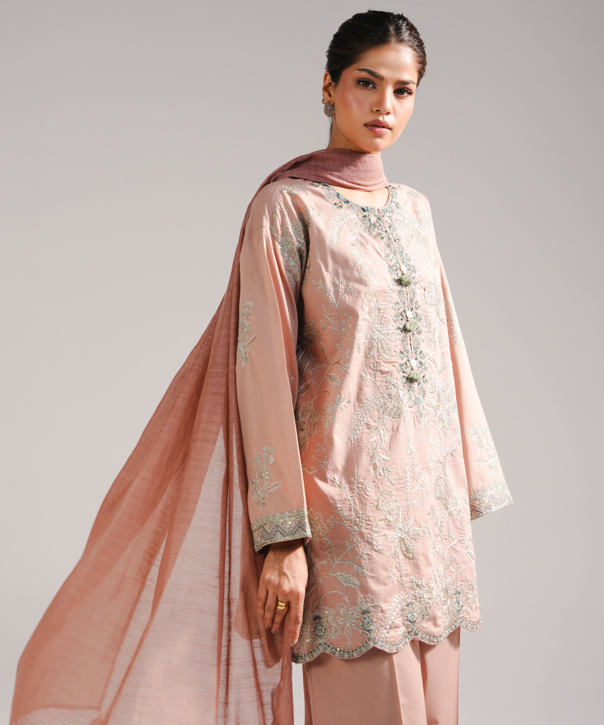 Women's RTW Lawn Embroidered Beige 3 Piece Suit