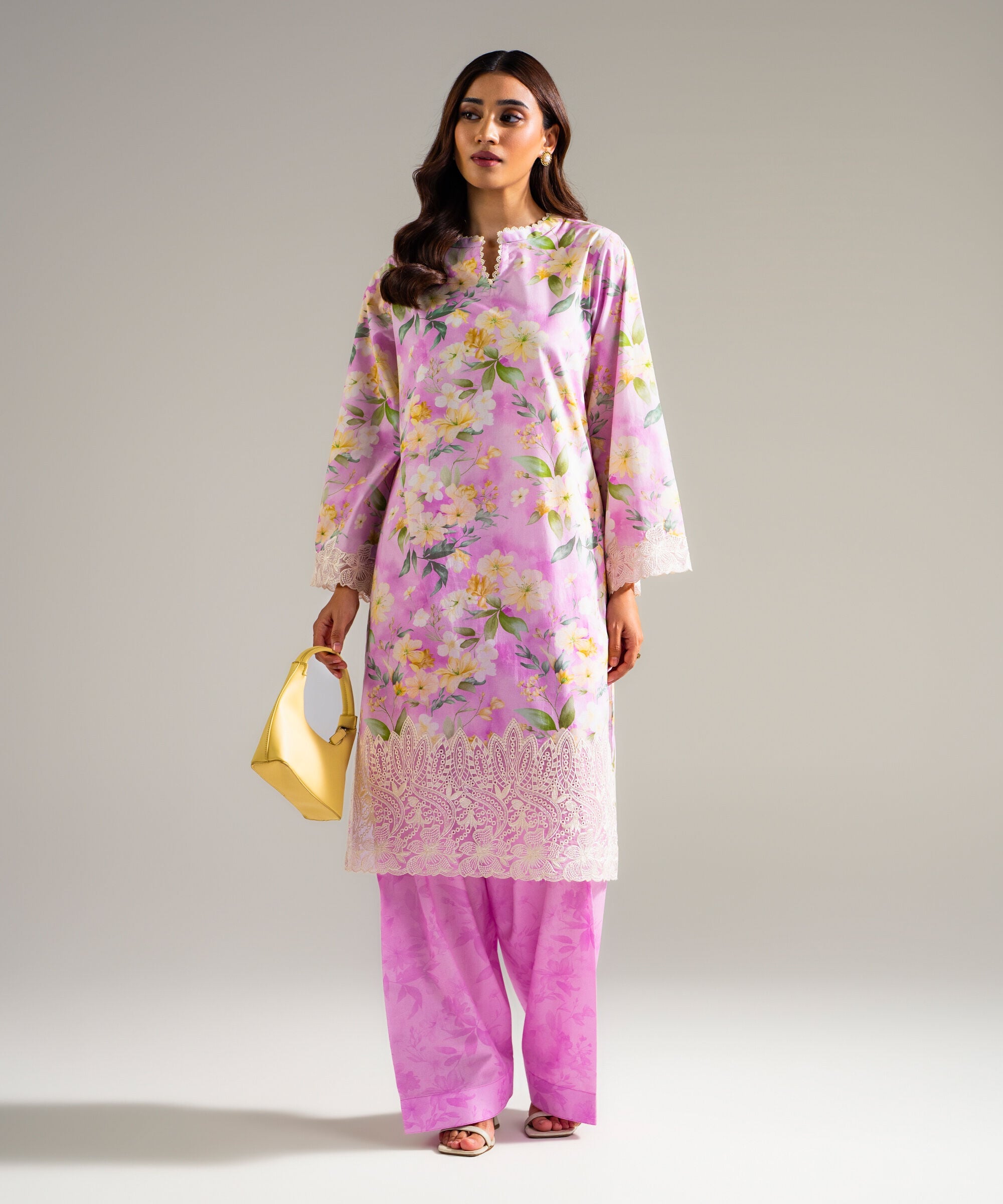 Women's RTW Lawn Embroidered Lavendar Straight Shirt