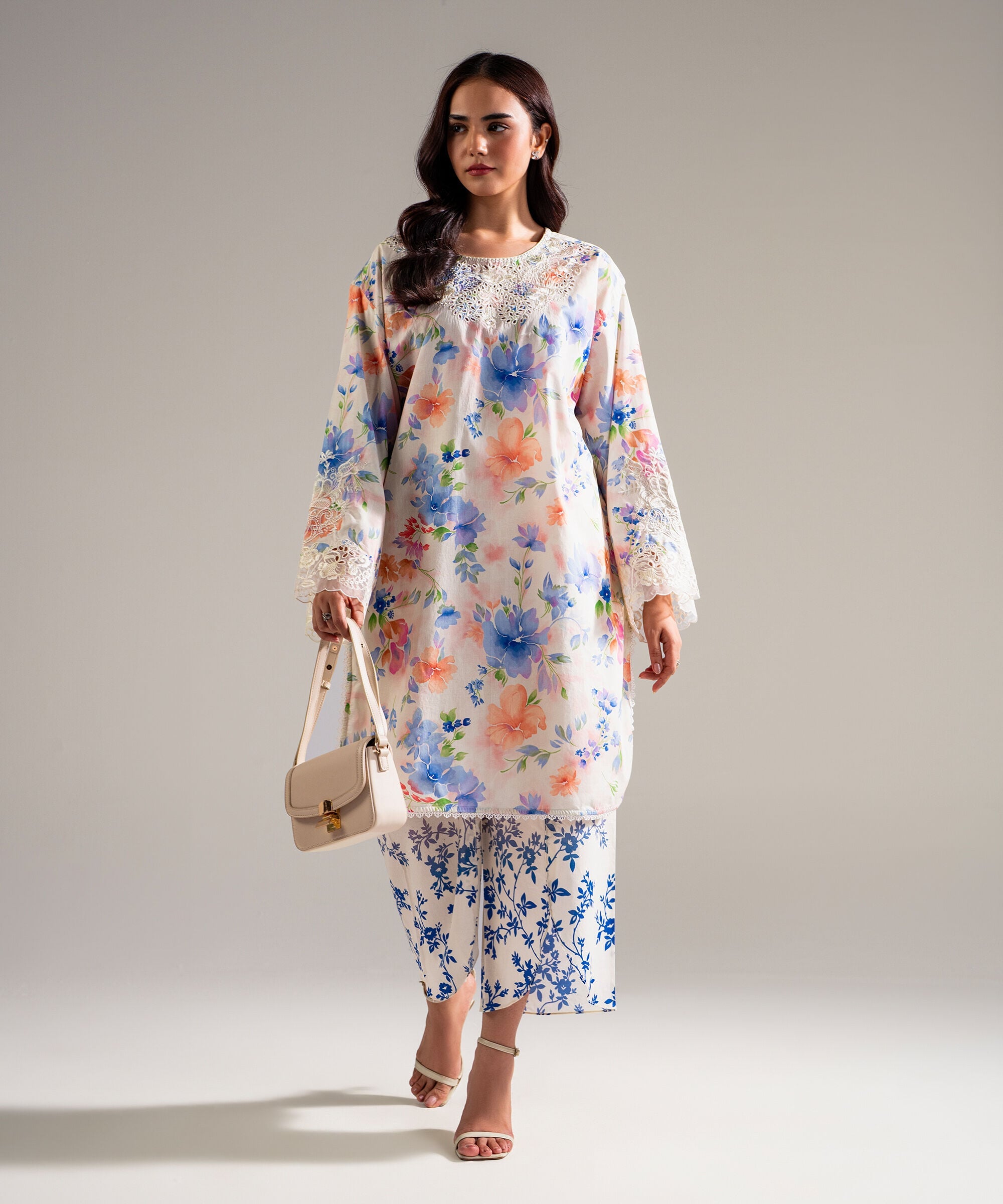 Women's RTW Lawn Embroidered Off White Drop Shoulder Shirt