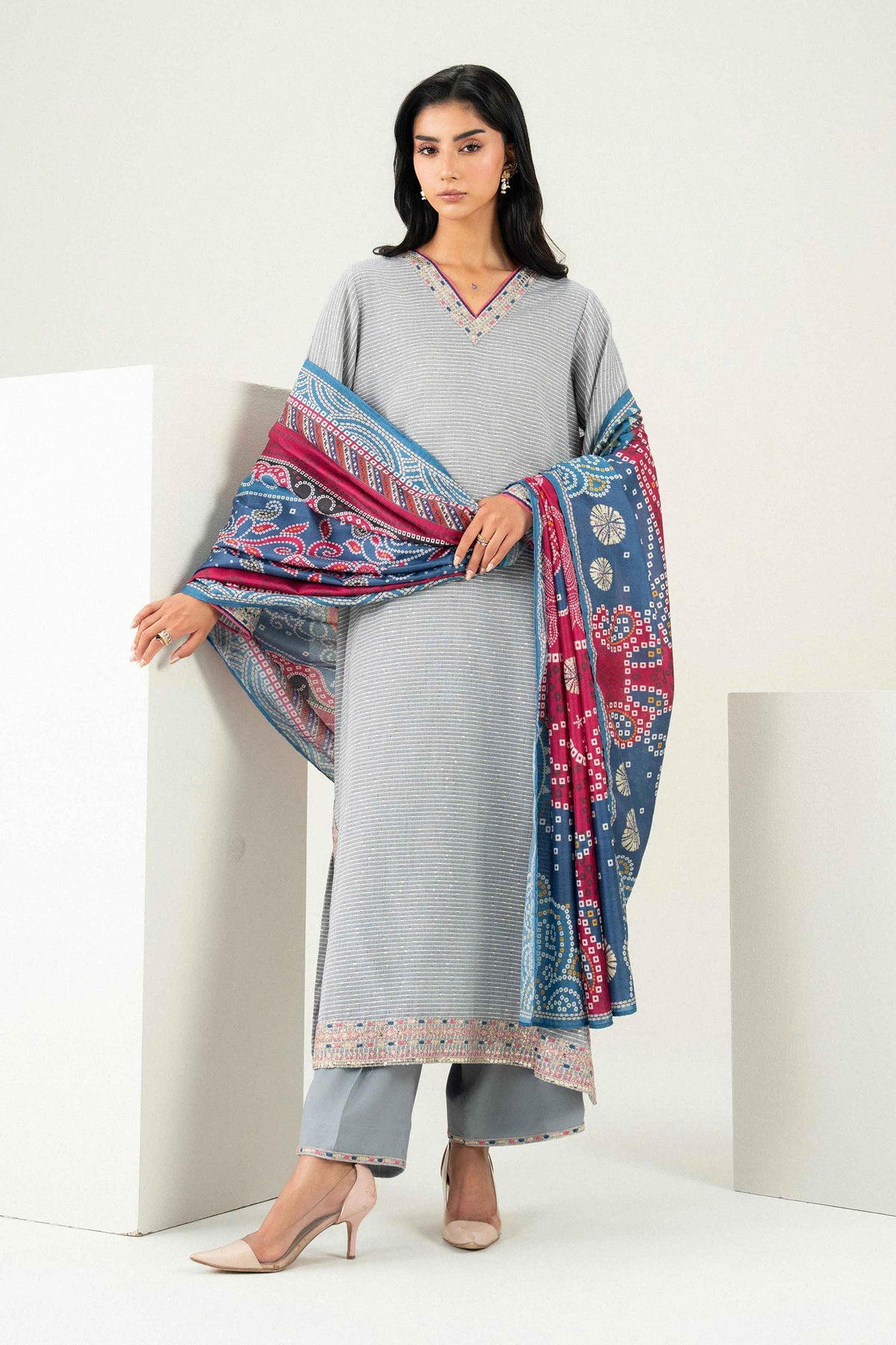 3 Piece - Printed Embroidered Suit - PFE26-46