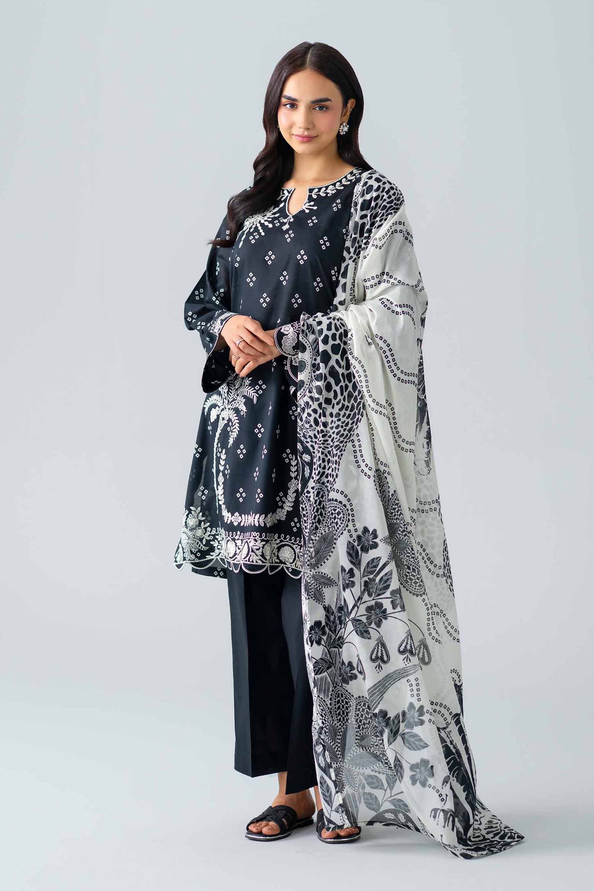3 Piece - Printed Embroidered Suit - Pms26-06