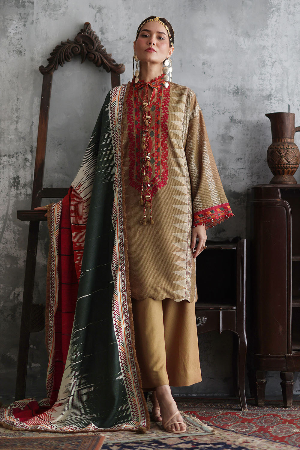 3 Piece Embroidered Printed Karandi Suit with Printed Karandi Dupatta