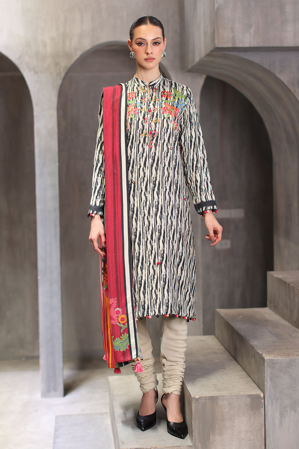 3 Piece Embroidered Printed Karandi Suit with Printed Karandi Dupatta