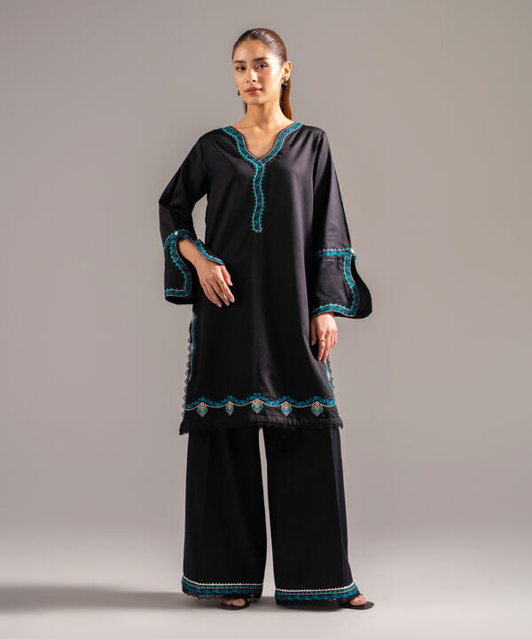 2 Piece - Embroidered Cotton Satin Suit