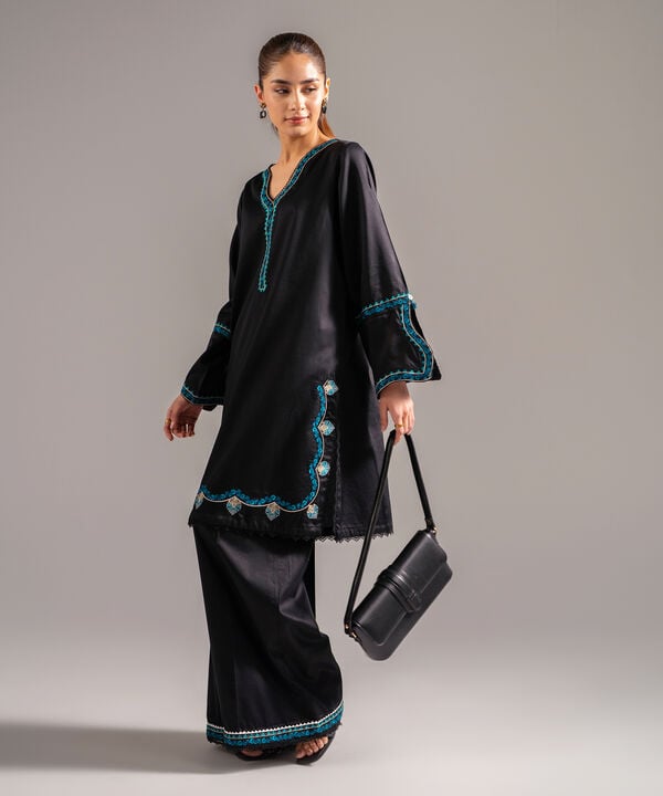 2 Piece - Embroidered Cotton Satin Suit