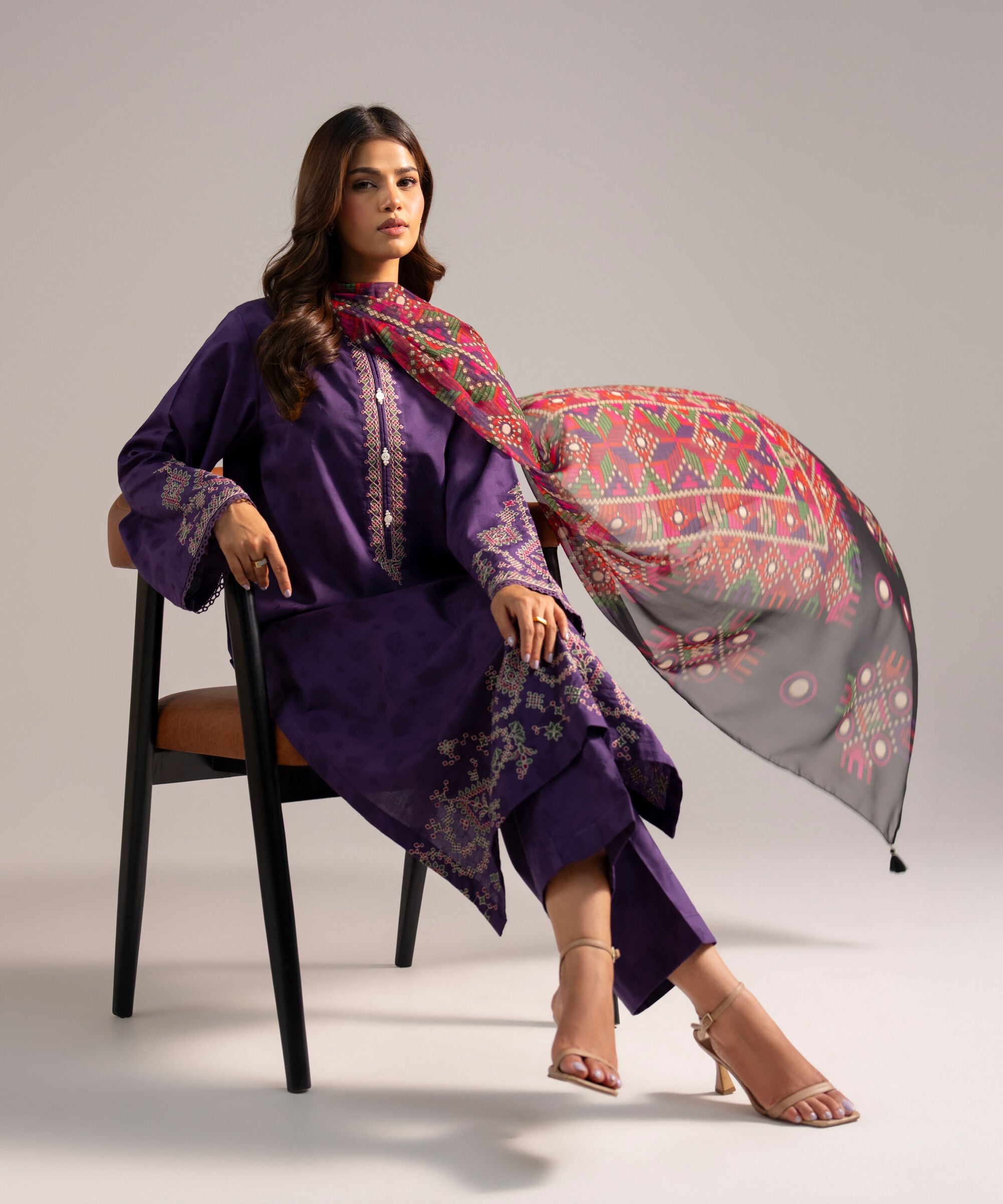 Women's RTW Self Jacquard Embroidered Purple 3 Piece Suit