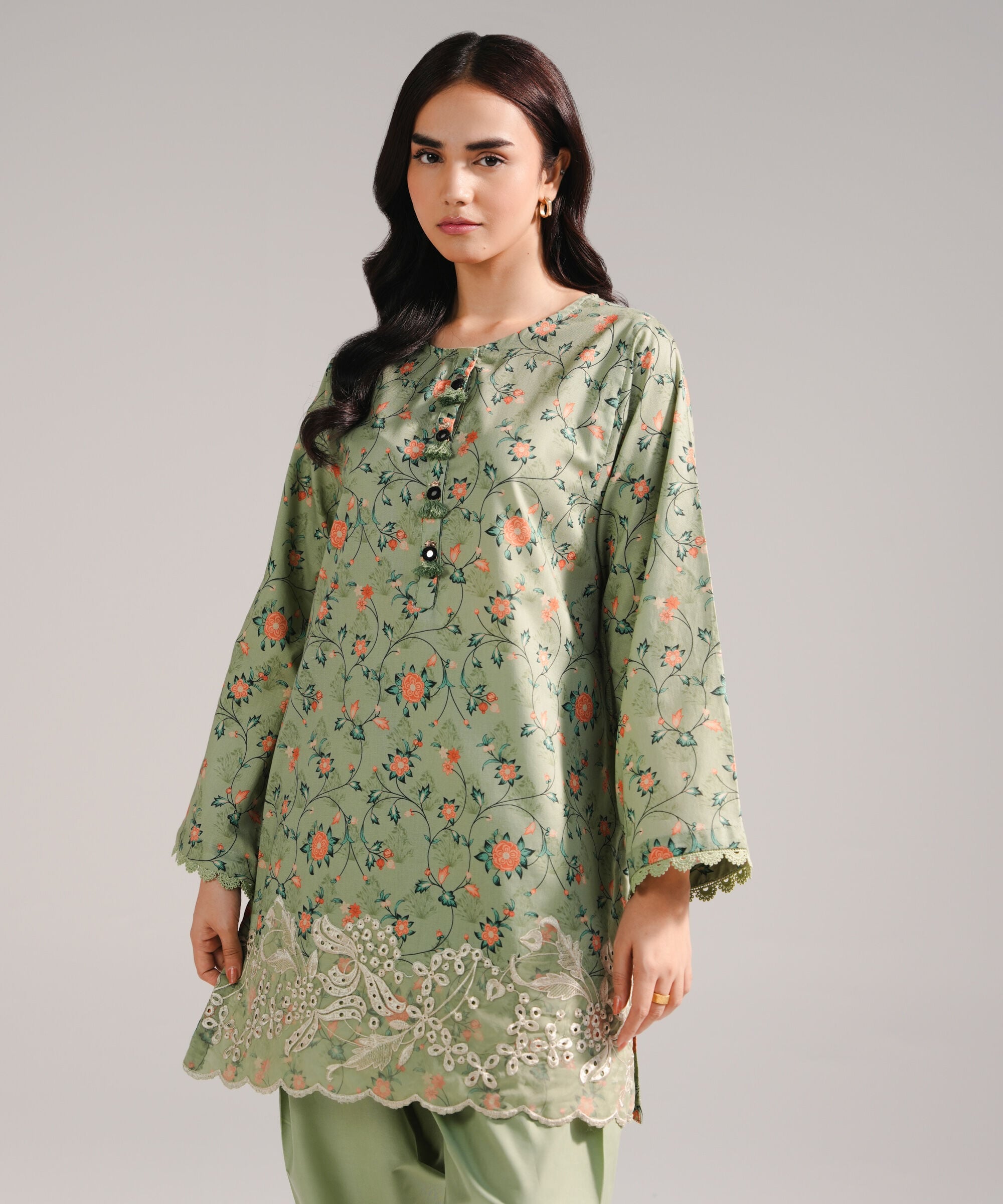 Women's RTW Dobby Embroidered Green 2 Piece Suit