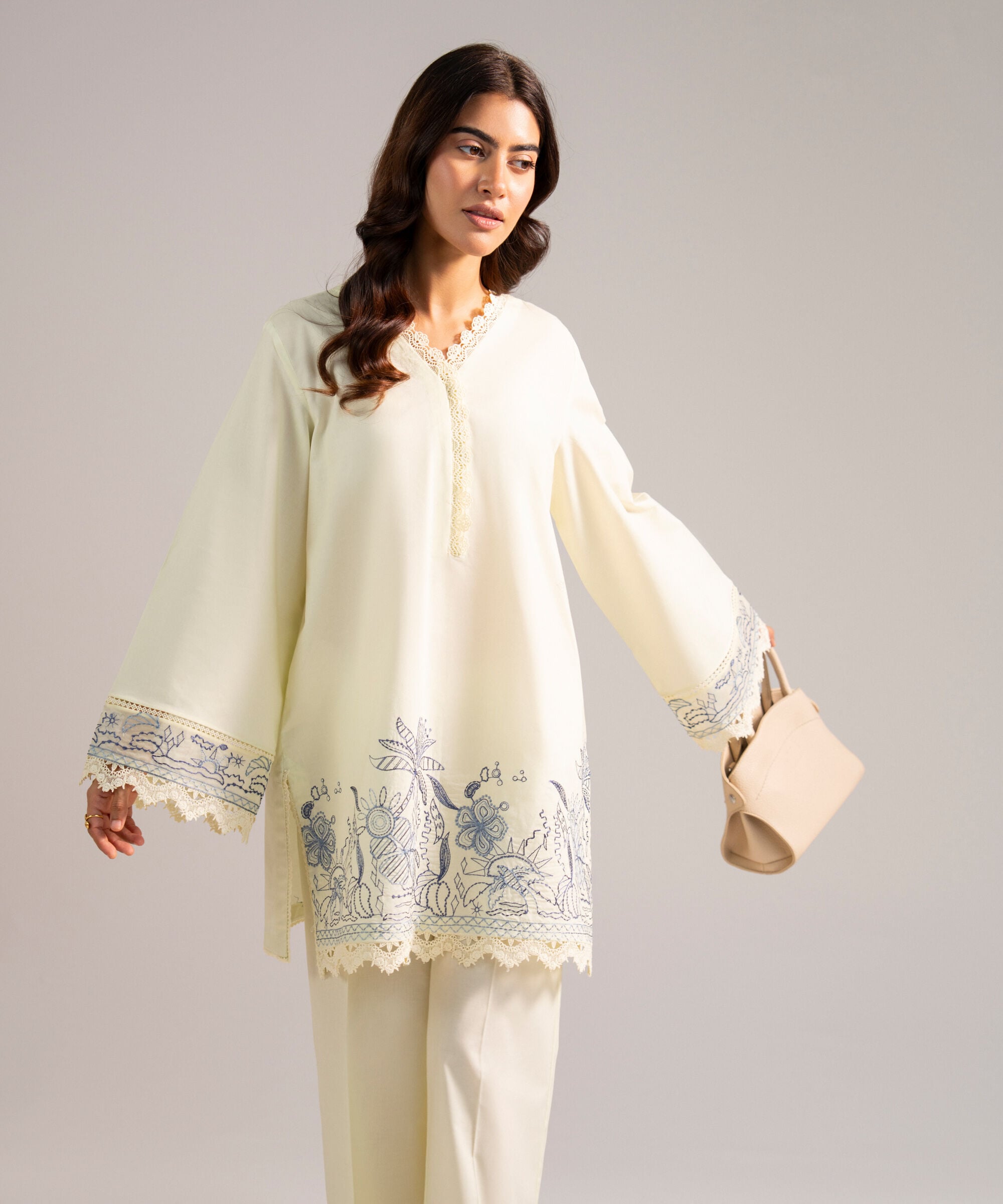 Women's RTW Cotton Viscose Embroidered Off White Straight Shirt