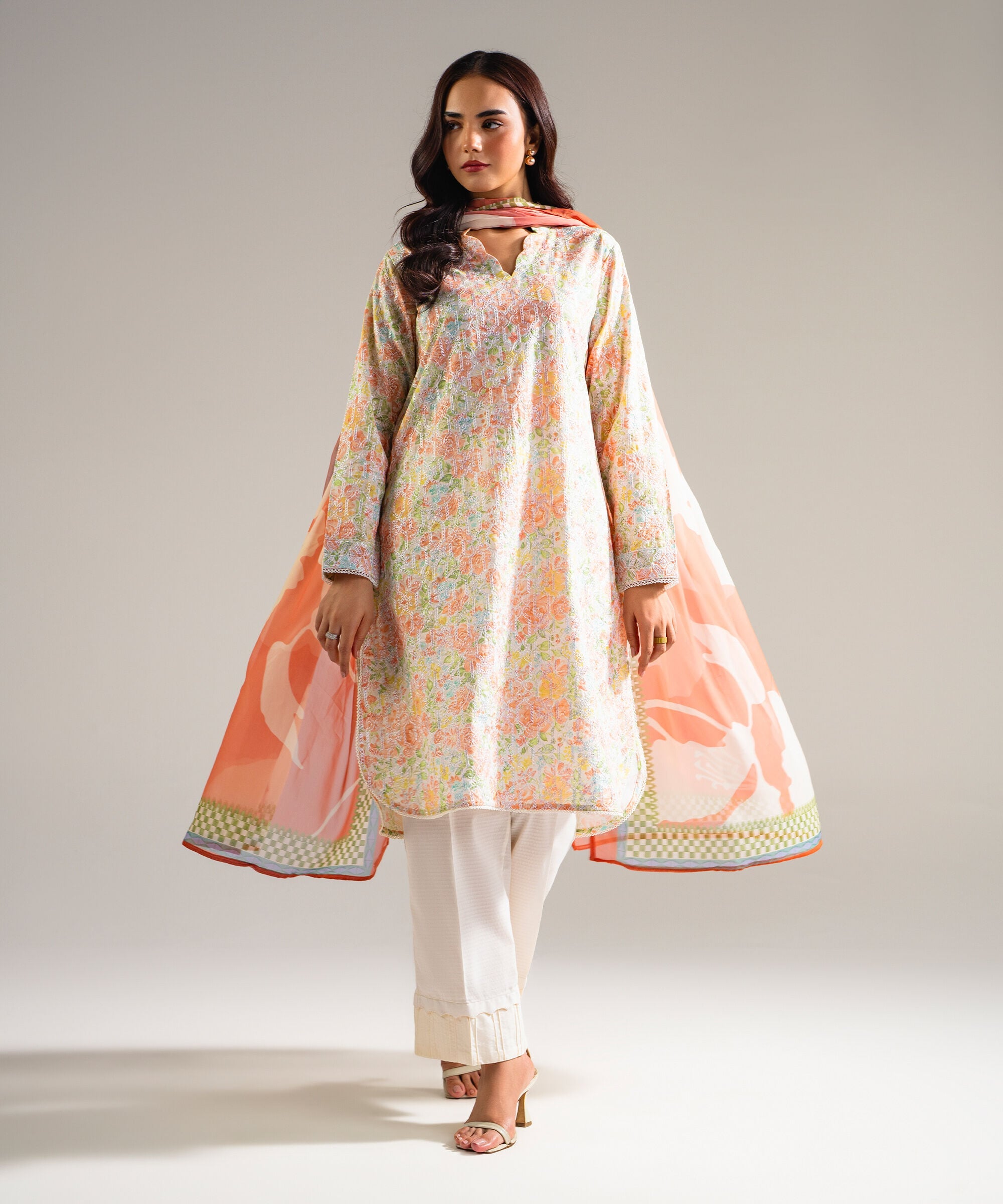Women's RTW Dobby Embroidered Off White 3 Piece Suit