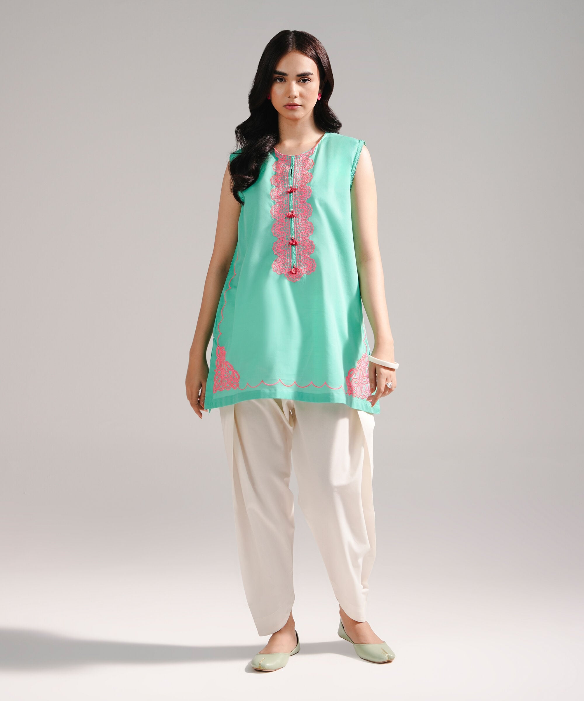 Women's RTW Slub Lawn Embroidered Green Straight Shirt