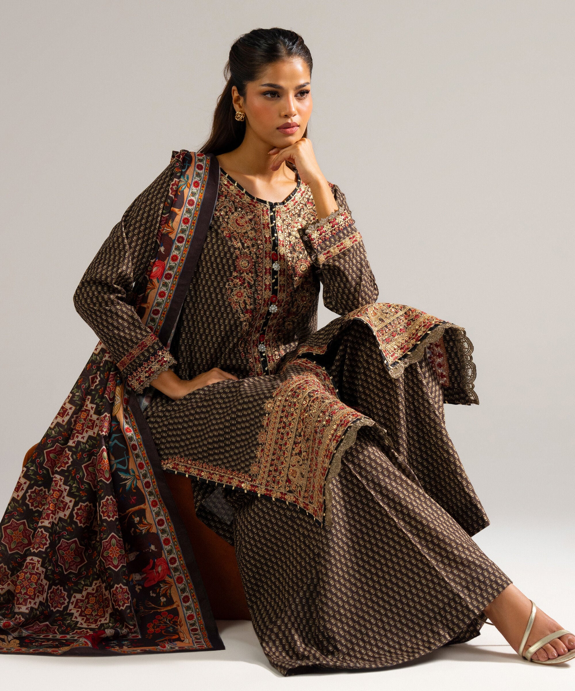 Women's RTW Dobby Embroidered Brown 3 Piece Suit