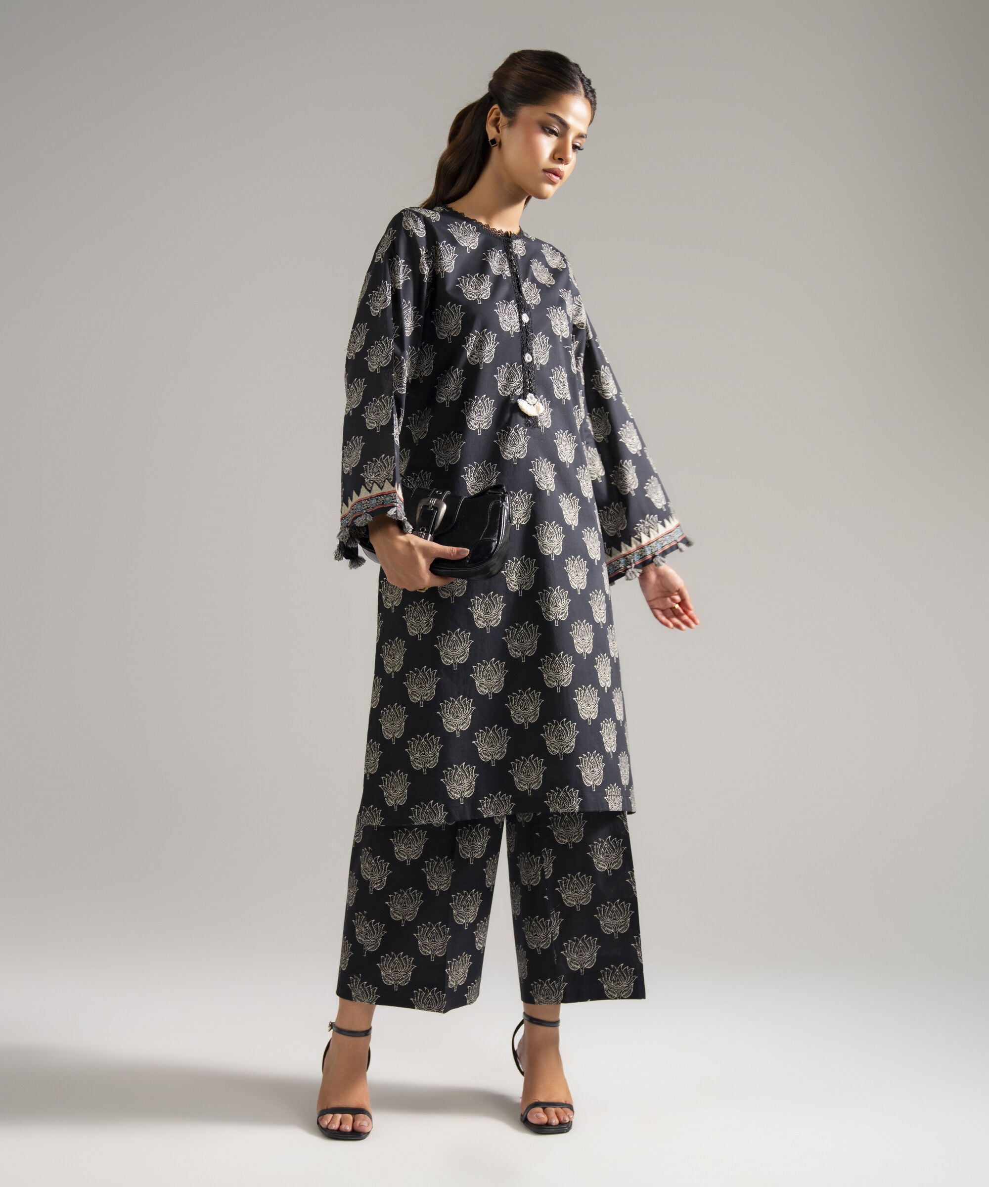 Women's RTW Lawn Printed Black Straight Shirt