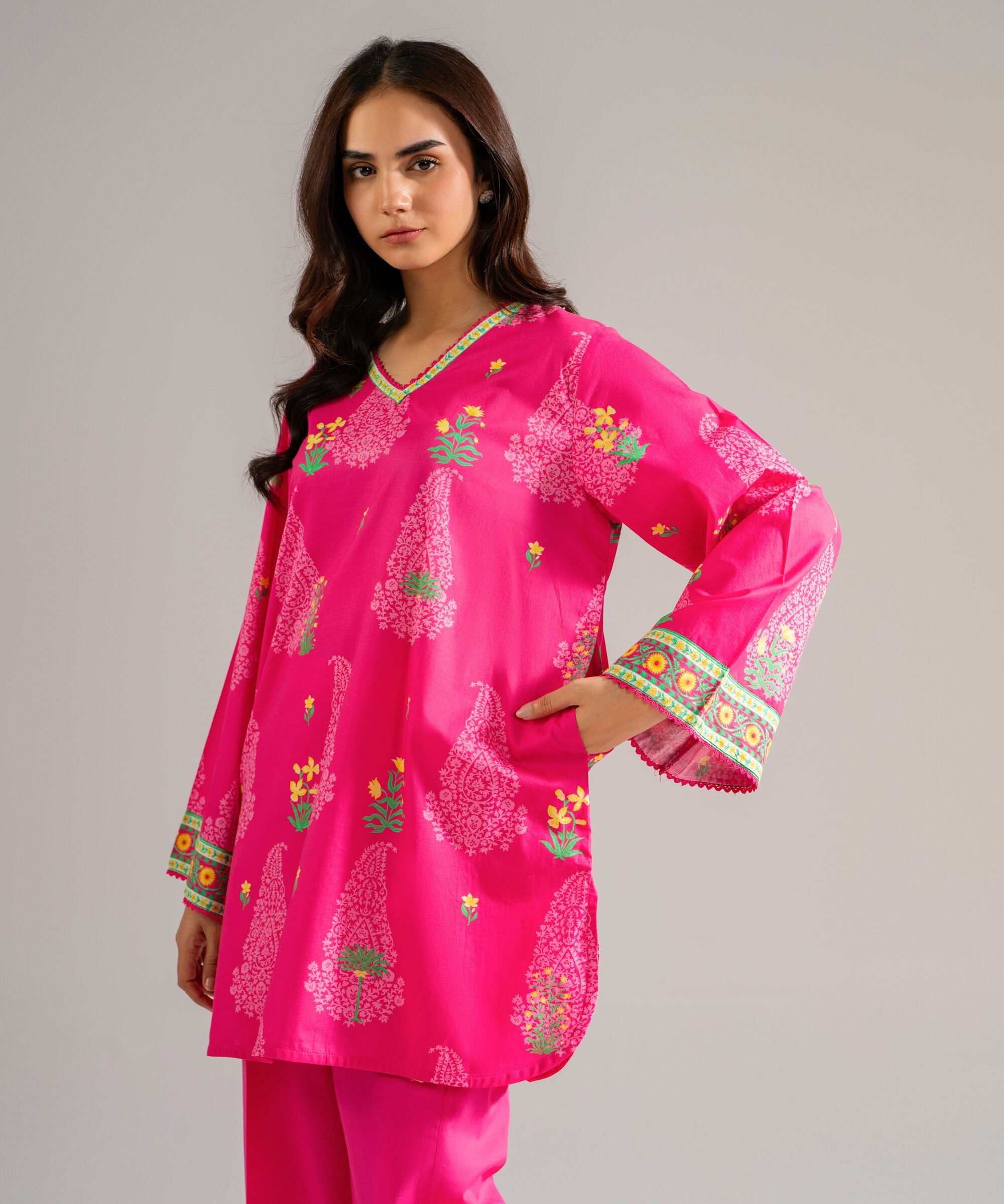 Women's RTW Slub Lawn Printed Pink Straight Shirt