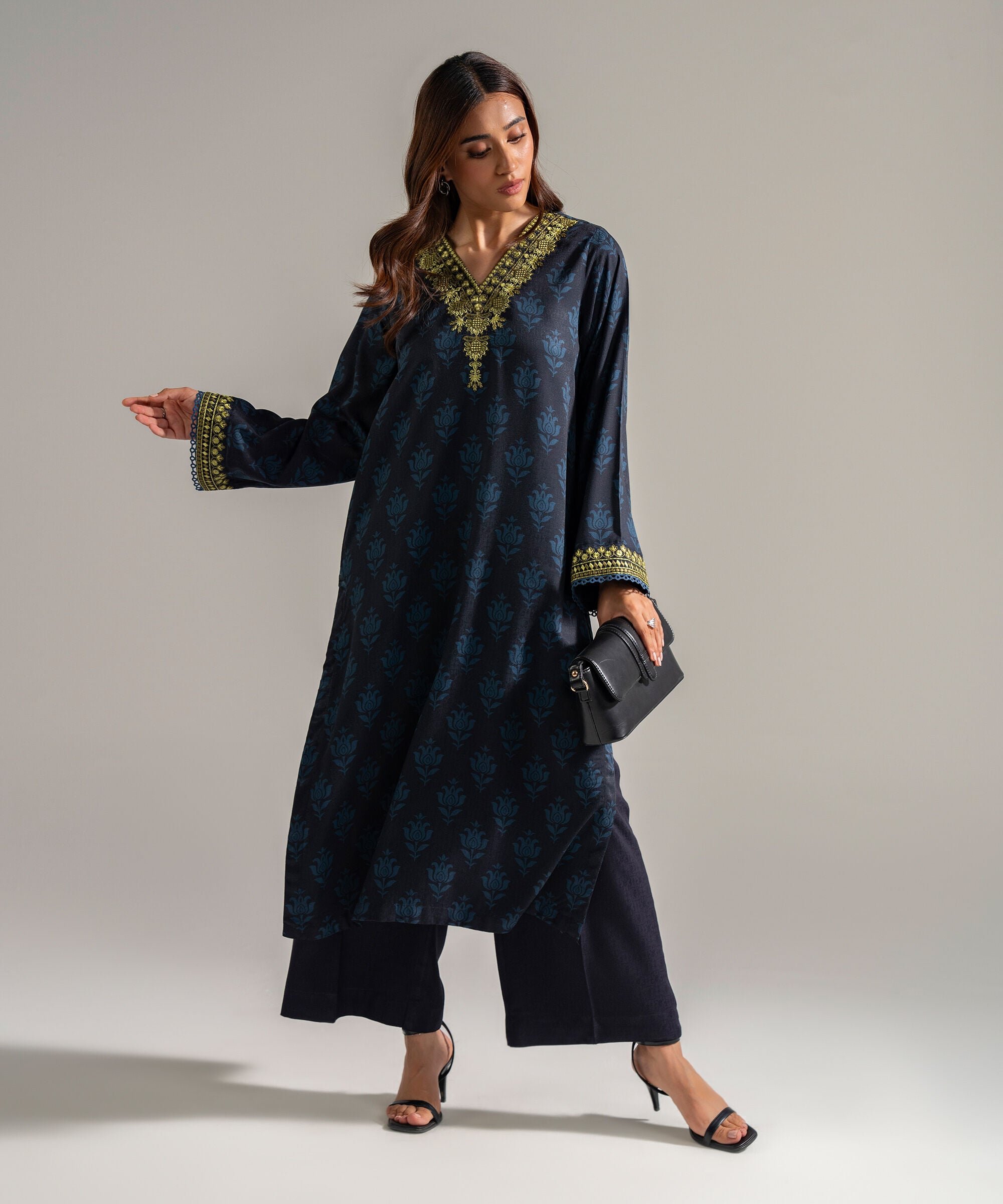 Women's RTW Self Jacquard Embroidered Black 2 Piece Suit