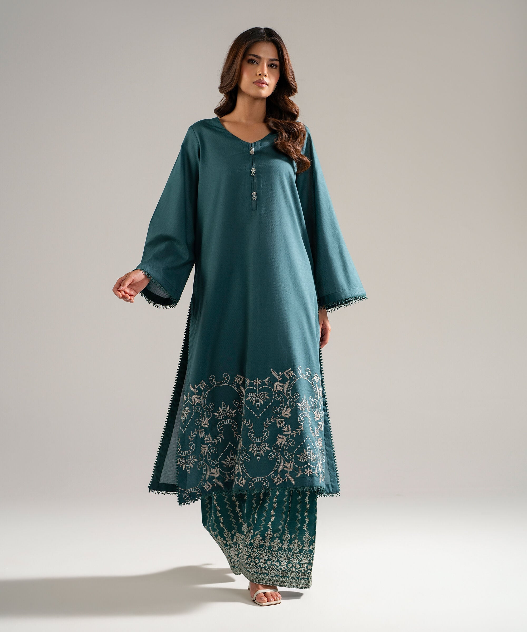 Women's RTW Dobby Embroidered Teal 2 Piece Suit