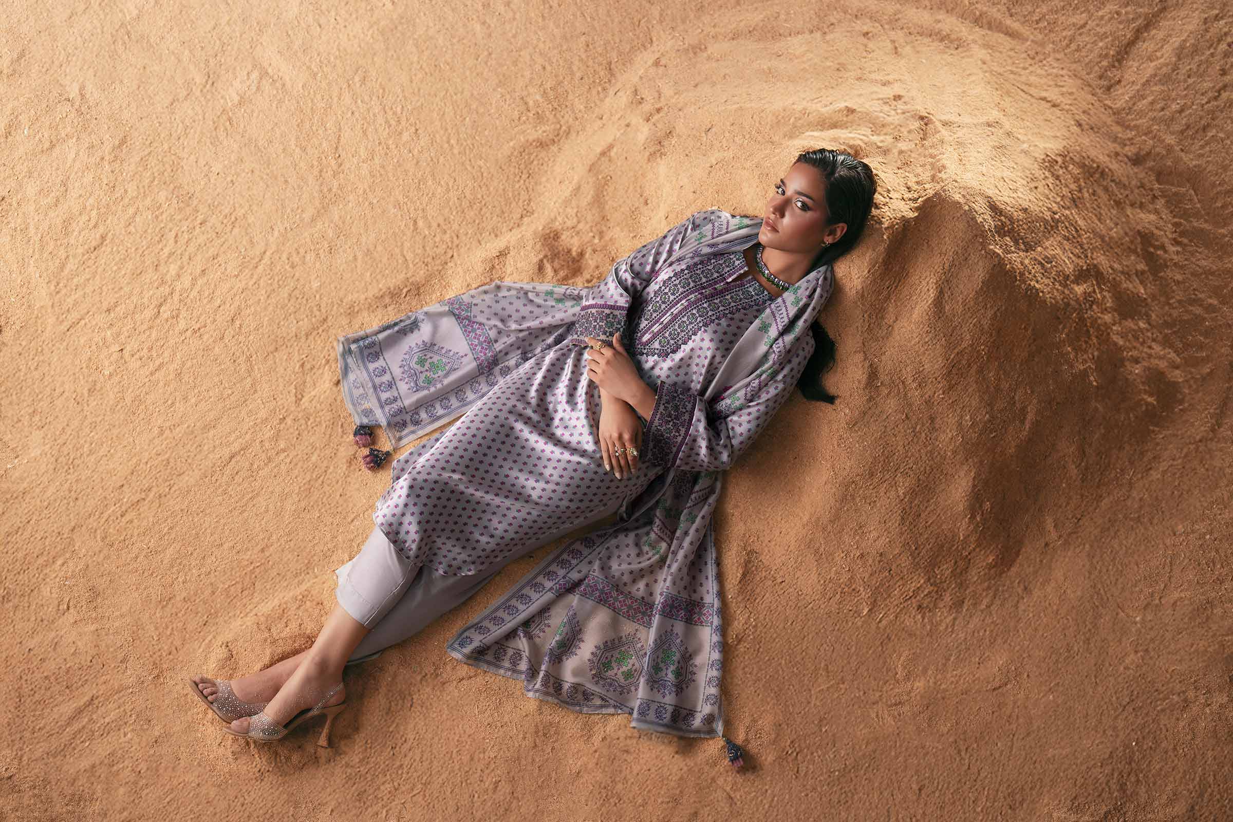 3 Piece - Printed Embroidered Suit - PW25-409