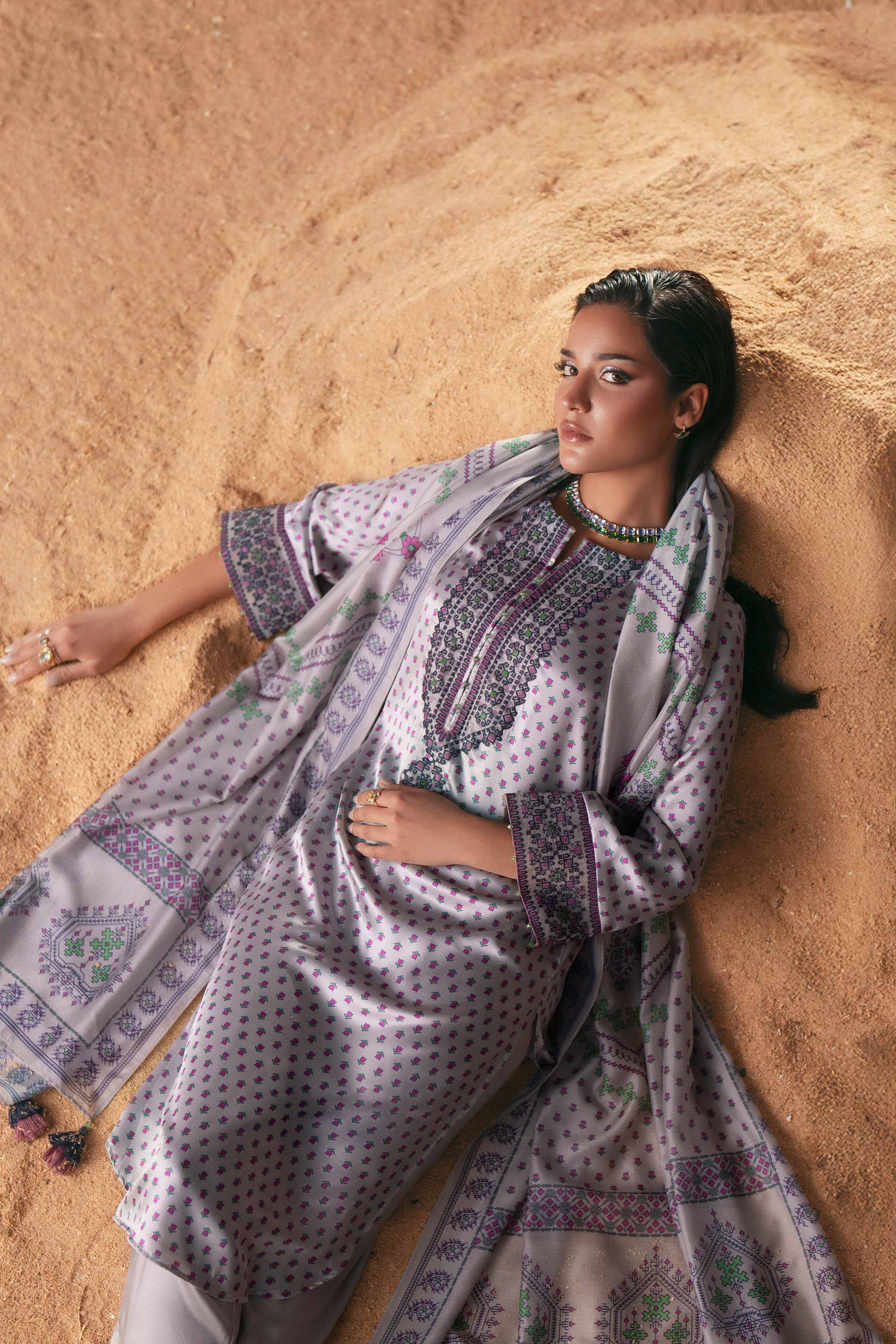 3 Piece - Printed Embroidered Suit - PW25-409