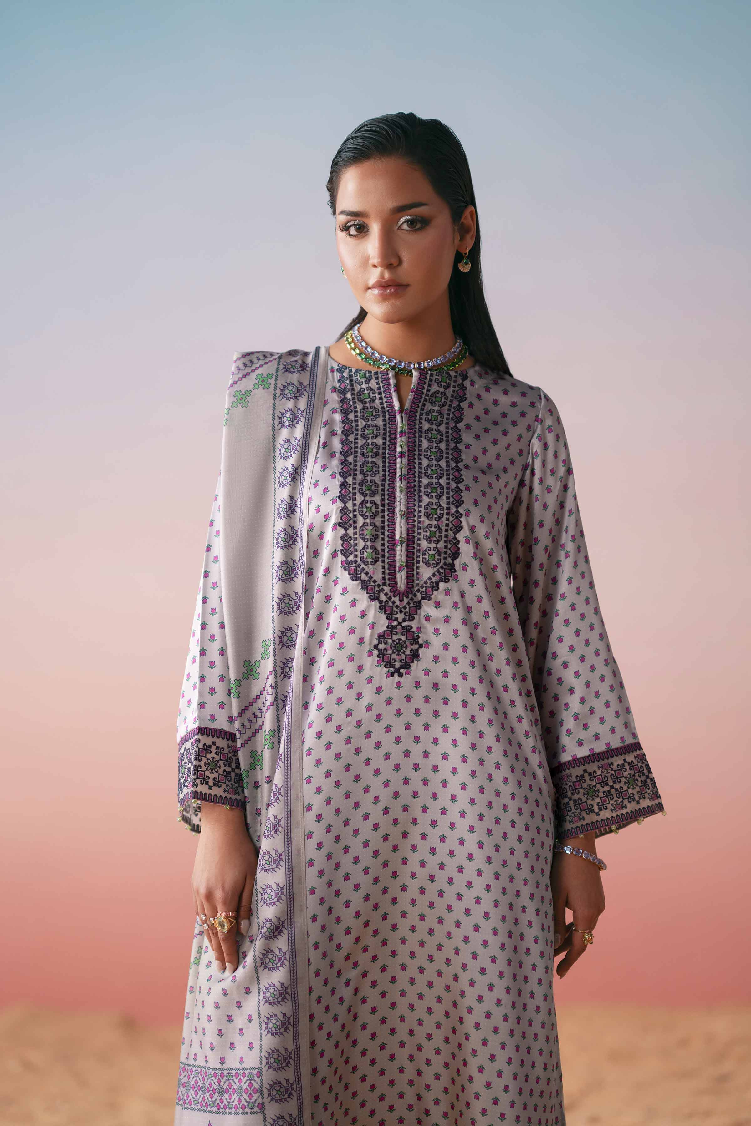 3 Piece - Printed Embroidered Suit - PW25-409