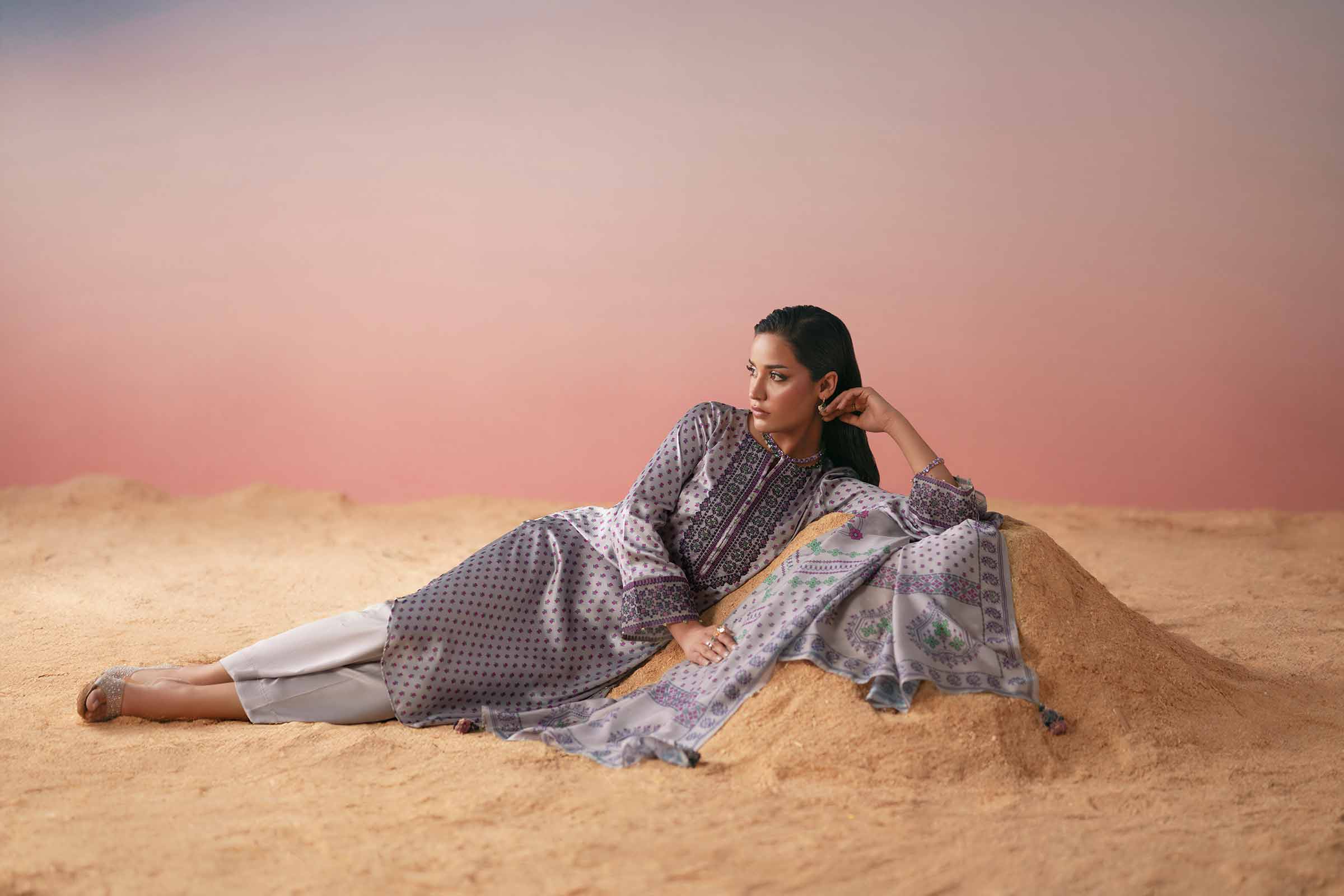 3 Piece - Printed Embroidered Suit - PW25-409