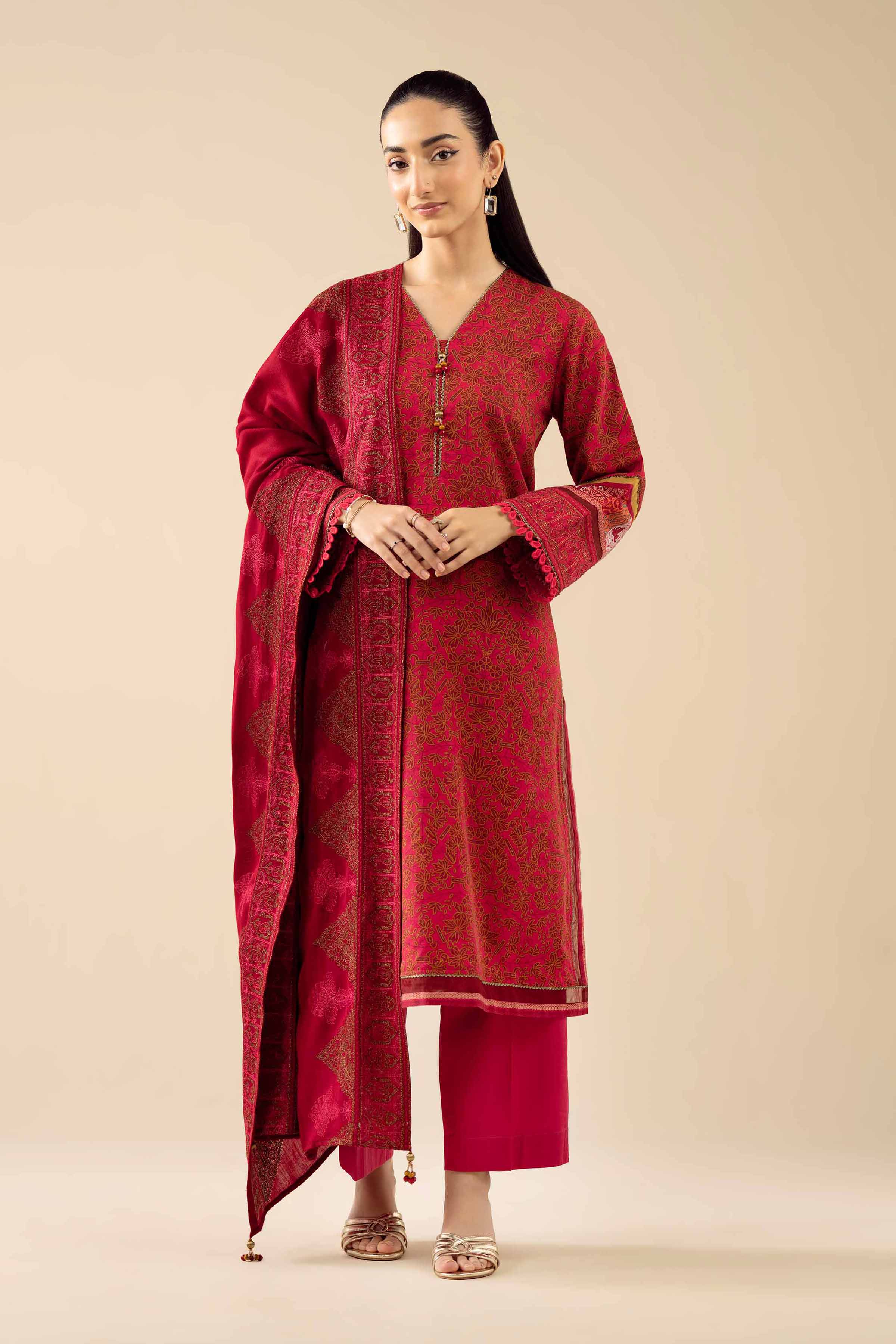 3 Piece - Printed Embroidered Suit - PW25-428