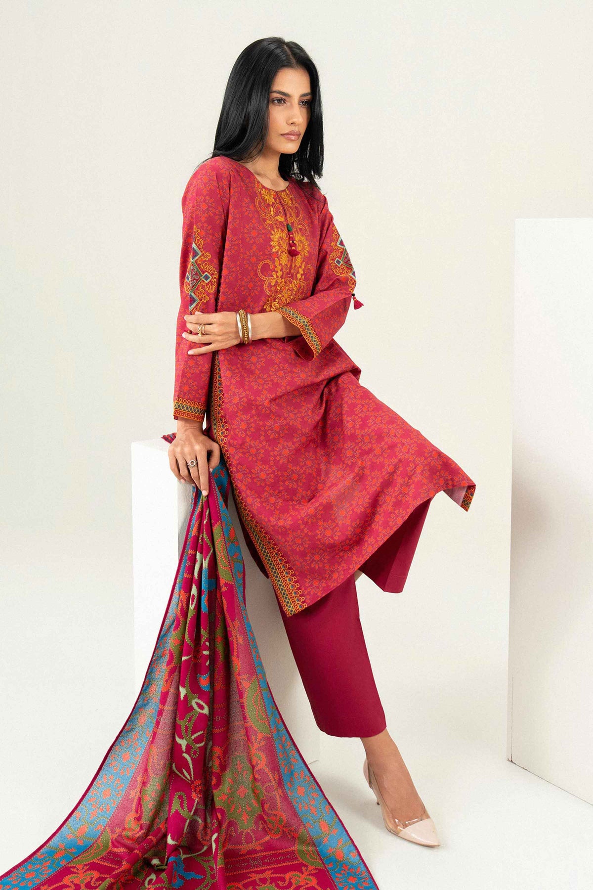 3 Piece - Printed Embroidered Suit - PW25-463