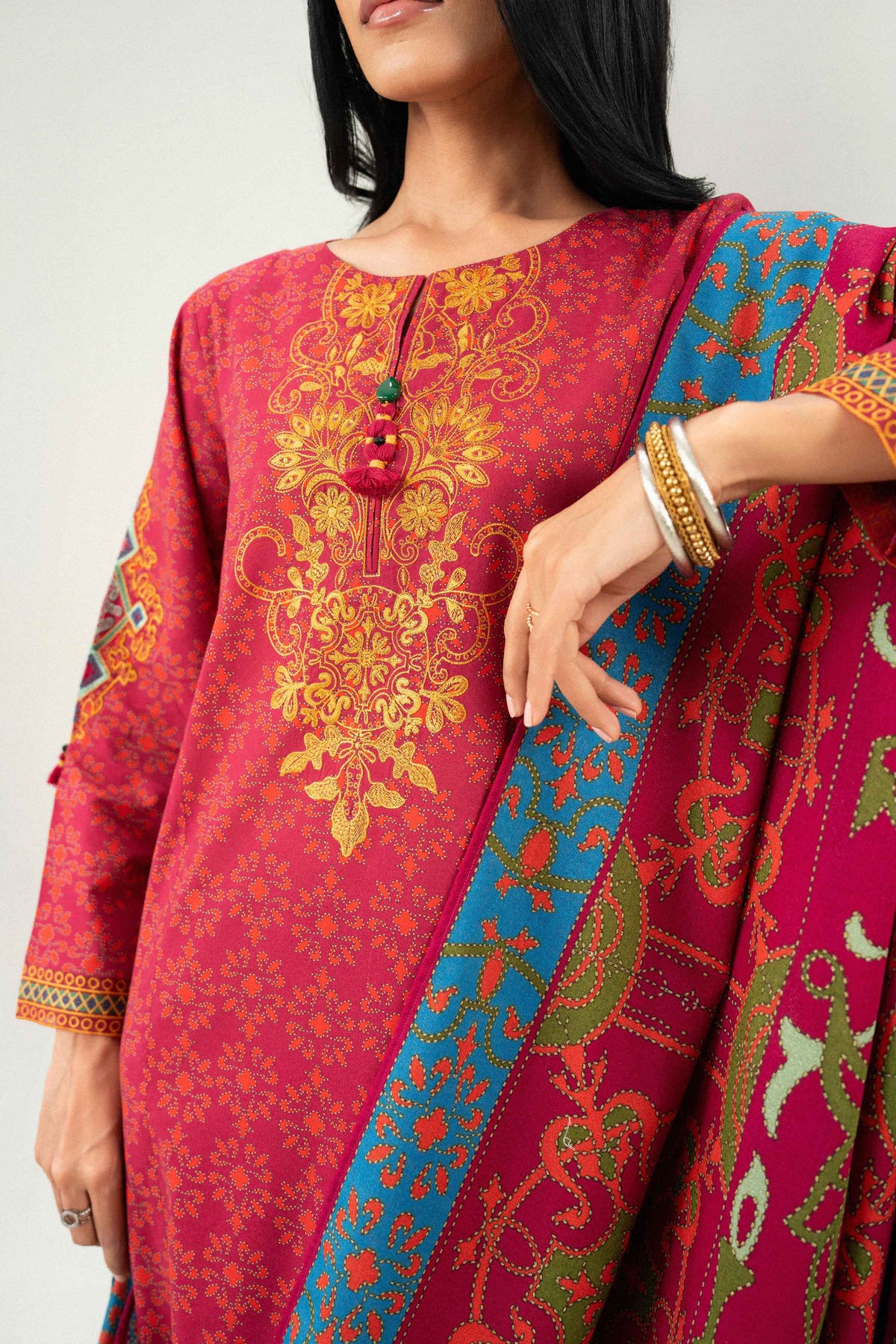 3 Piece - Printed Embroidered Suit - PW25-463