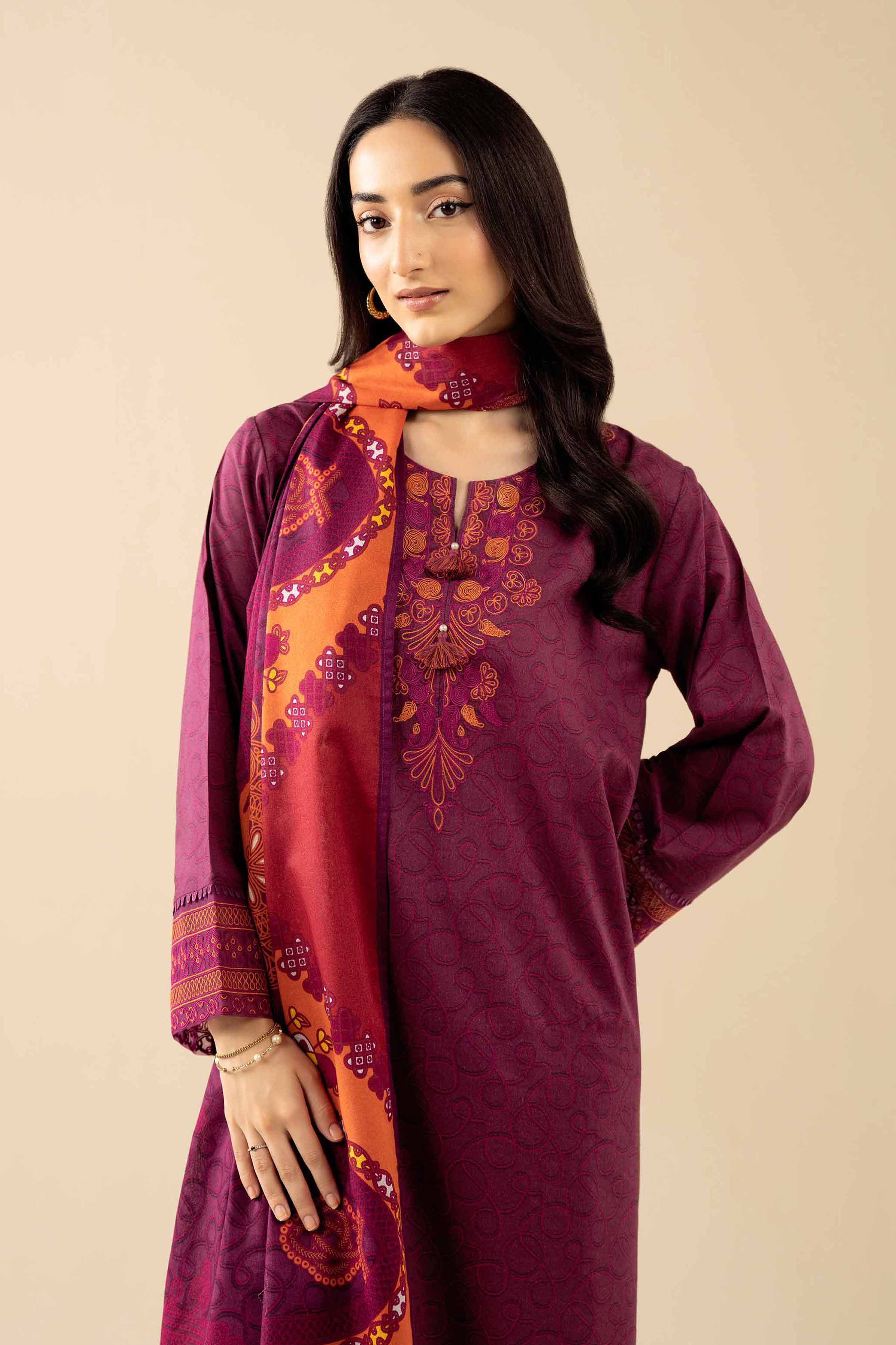 3 Piece - Printed Embroidered Suit - PW25-464
