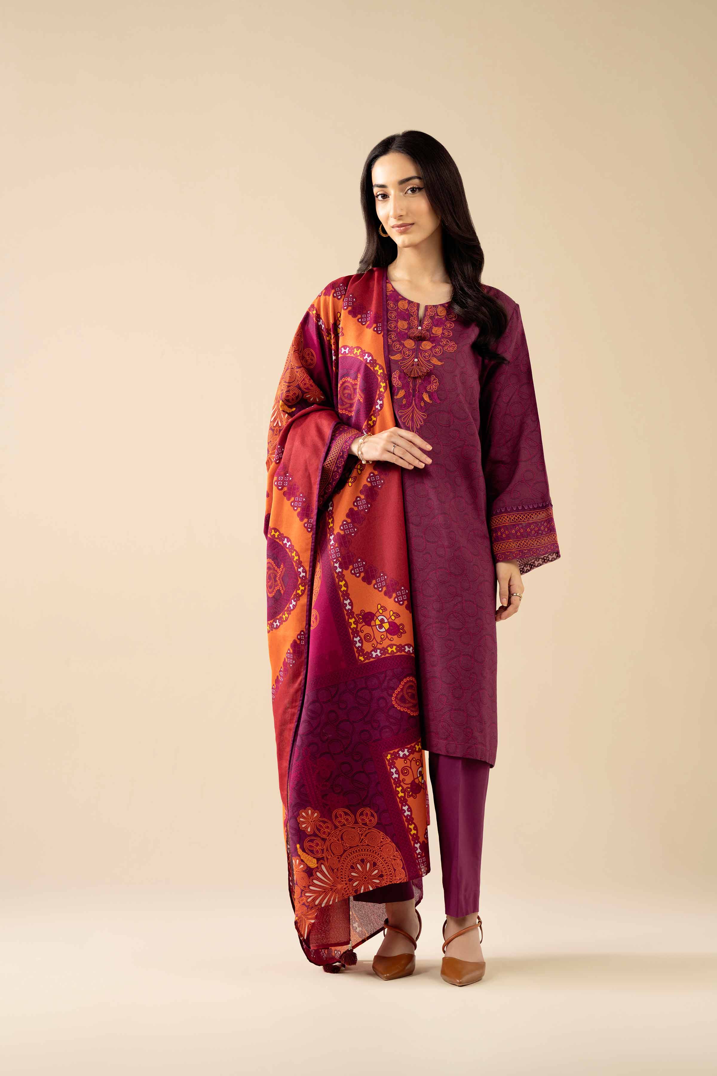 3 Piece - Printed Embroidered Suit - PW25-464