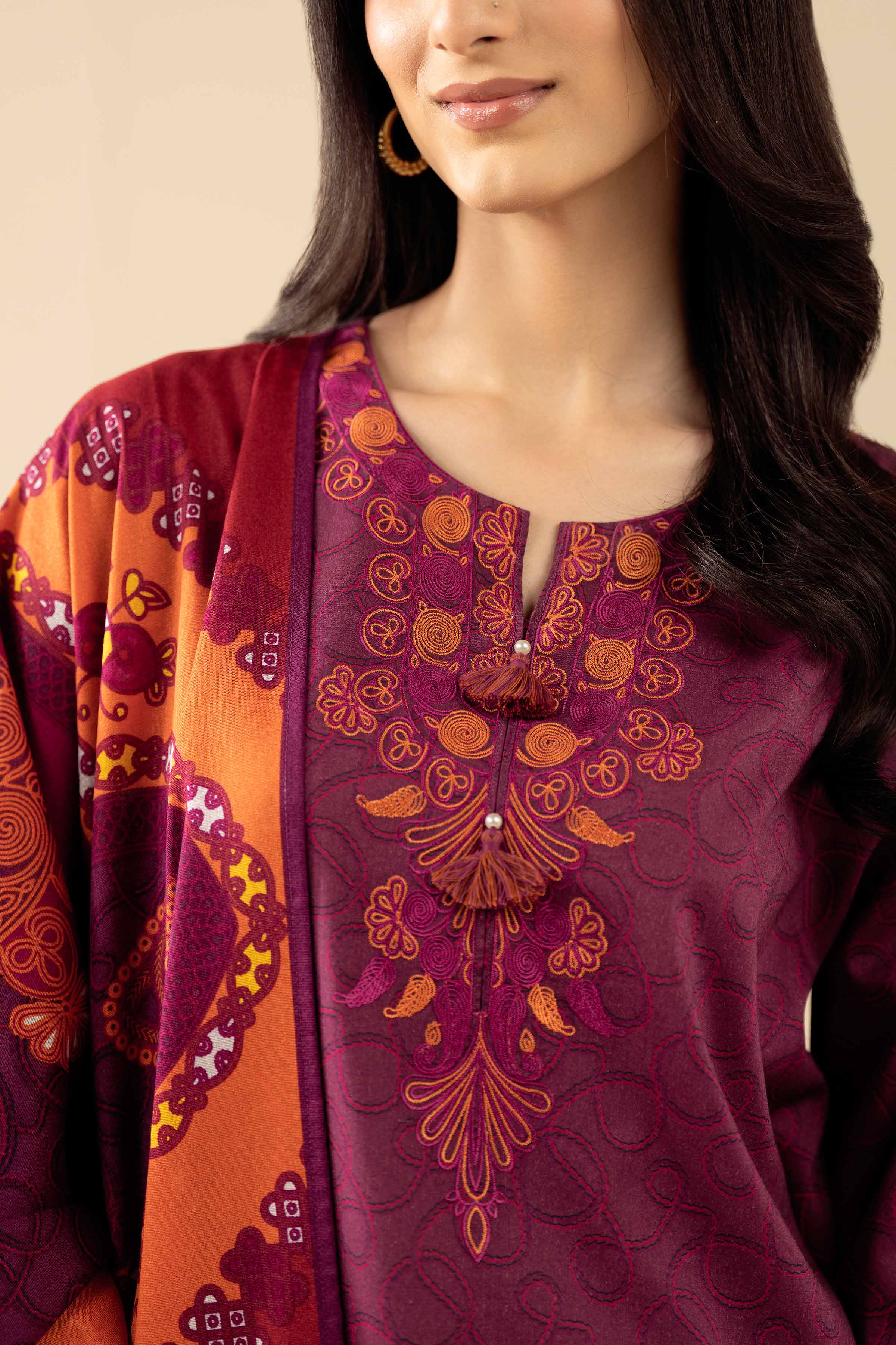 3 Piece - Printed Embroidered Suit - PW25-464