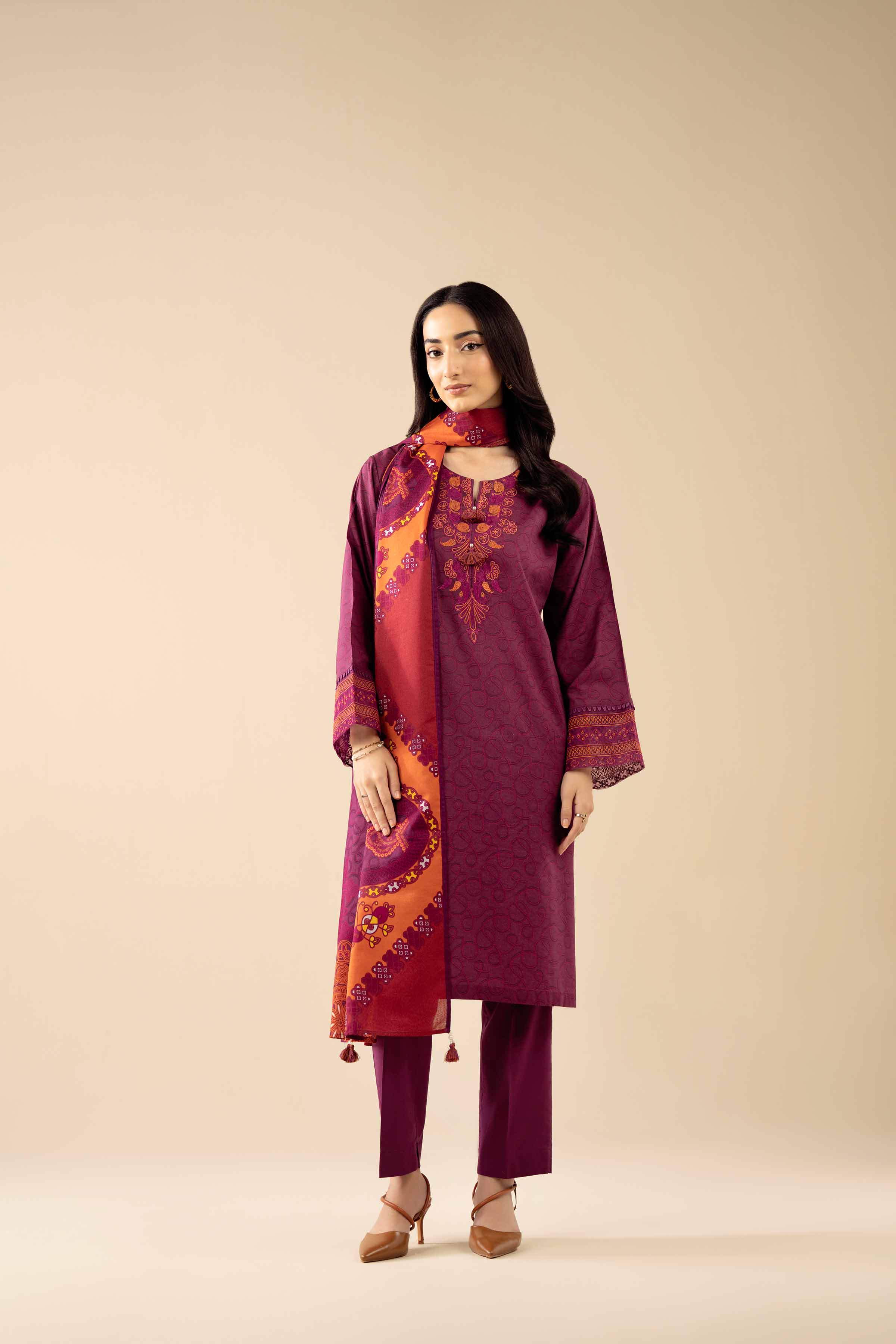 3 Piece - Printed Embroidered Suit - PW25-464