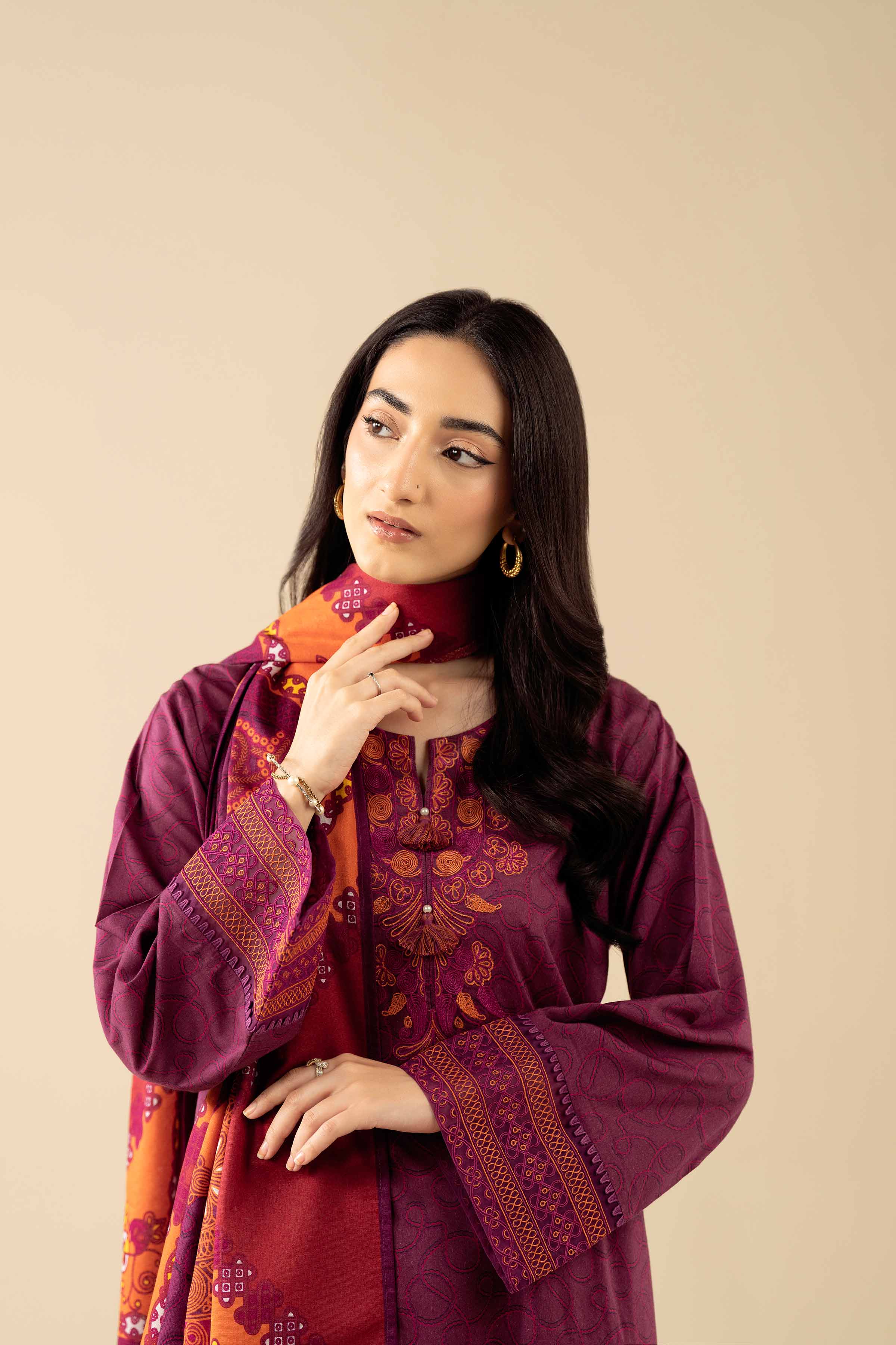 3 Piece - Printed Embroidered Suit - PW25-464