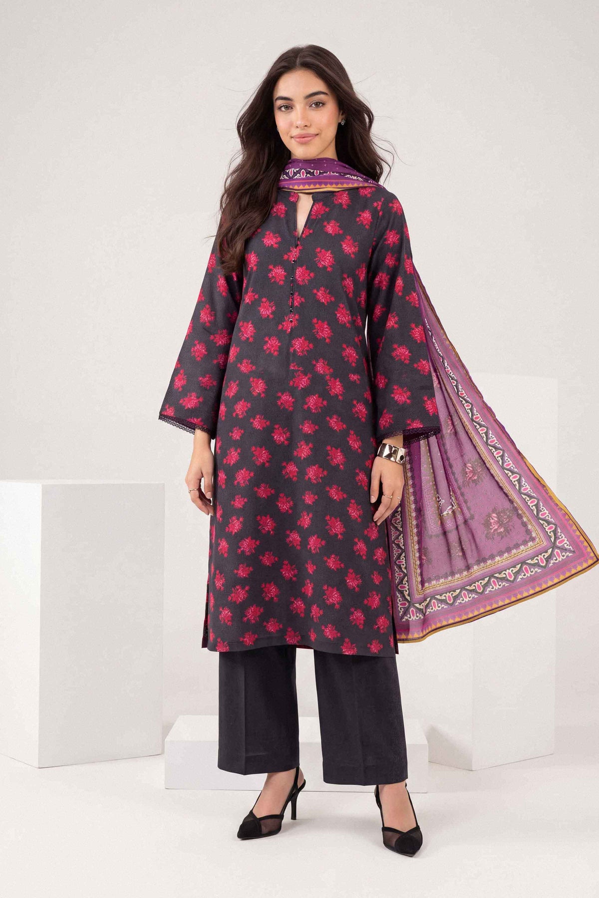 3 PIECE - PRINTED EMBROIDERED SUIT - PW25-518