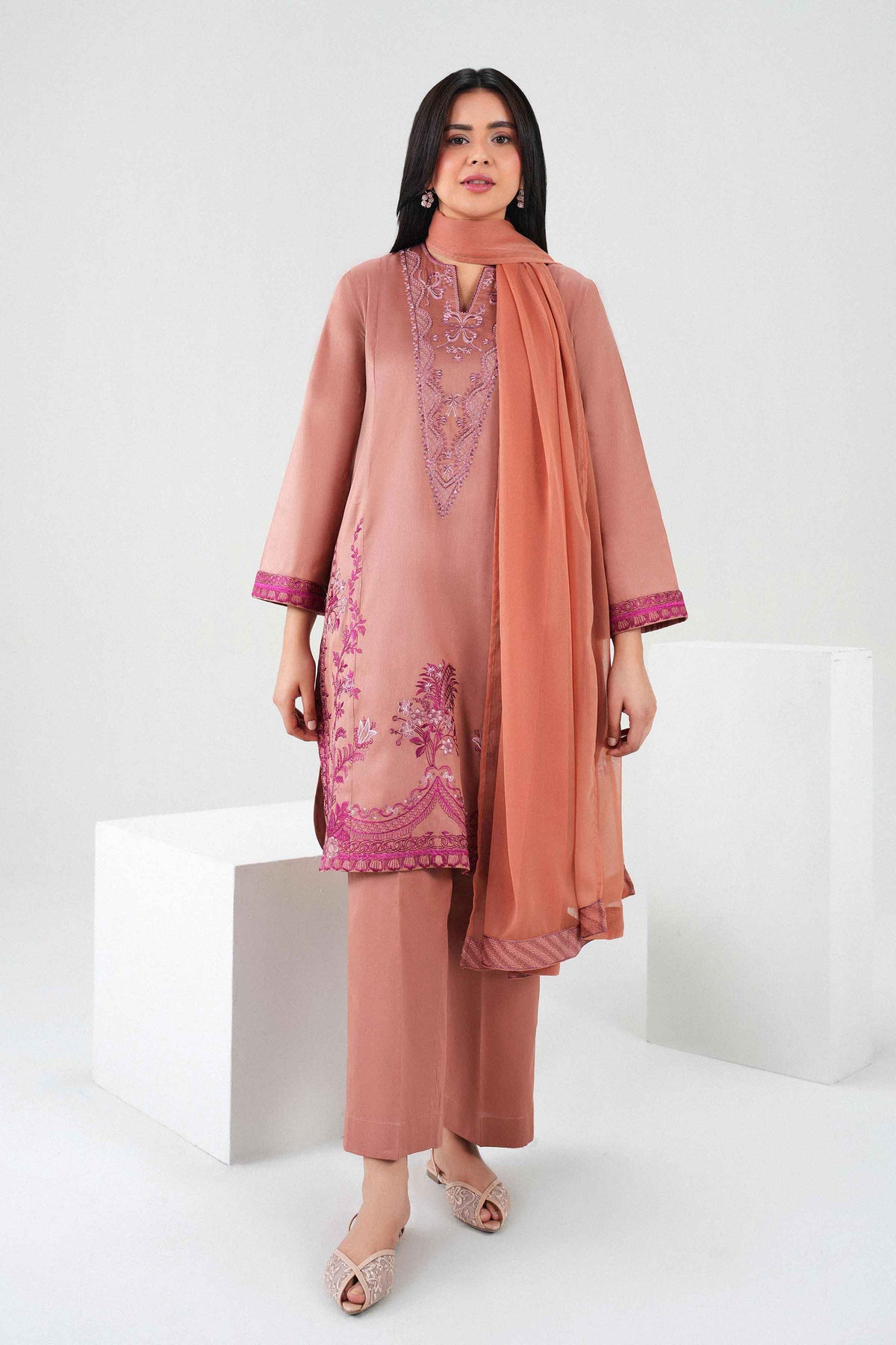 3 Piece - Printed Embroidered Suit - PW25-529