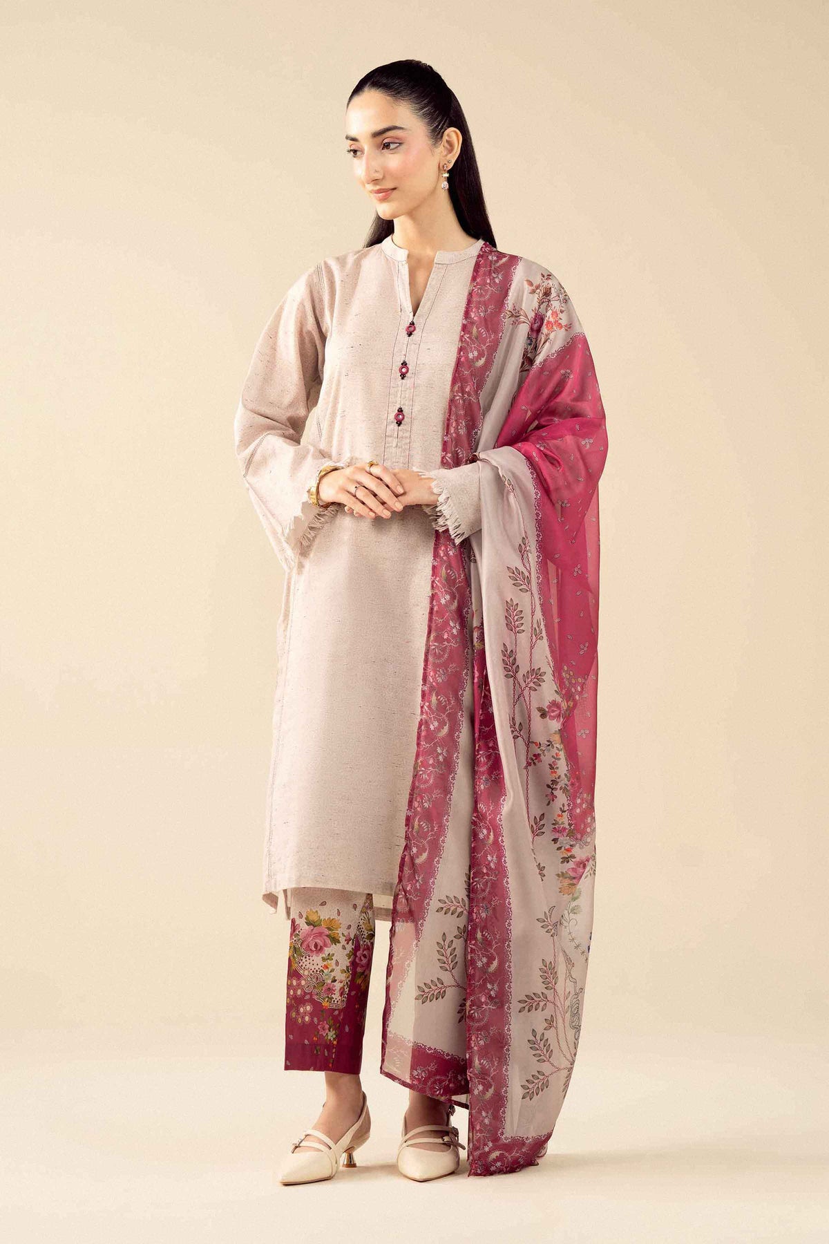 Beige 3 Piece - Printed Suit - PW25-536