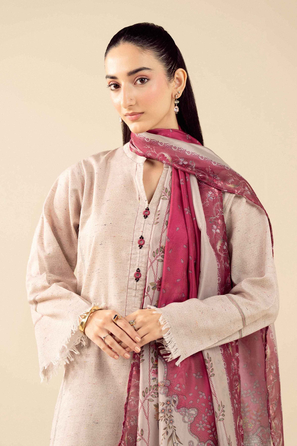 Beige 3 Piece - Printed Suit - PW25-536