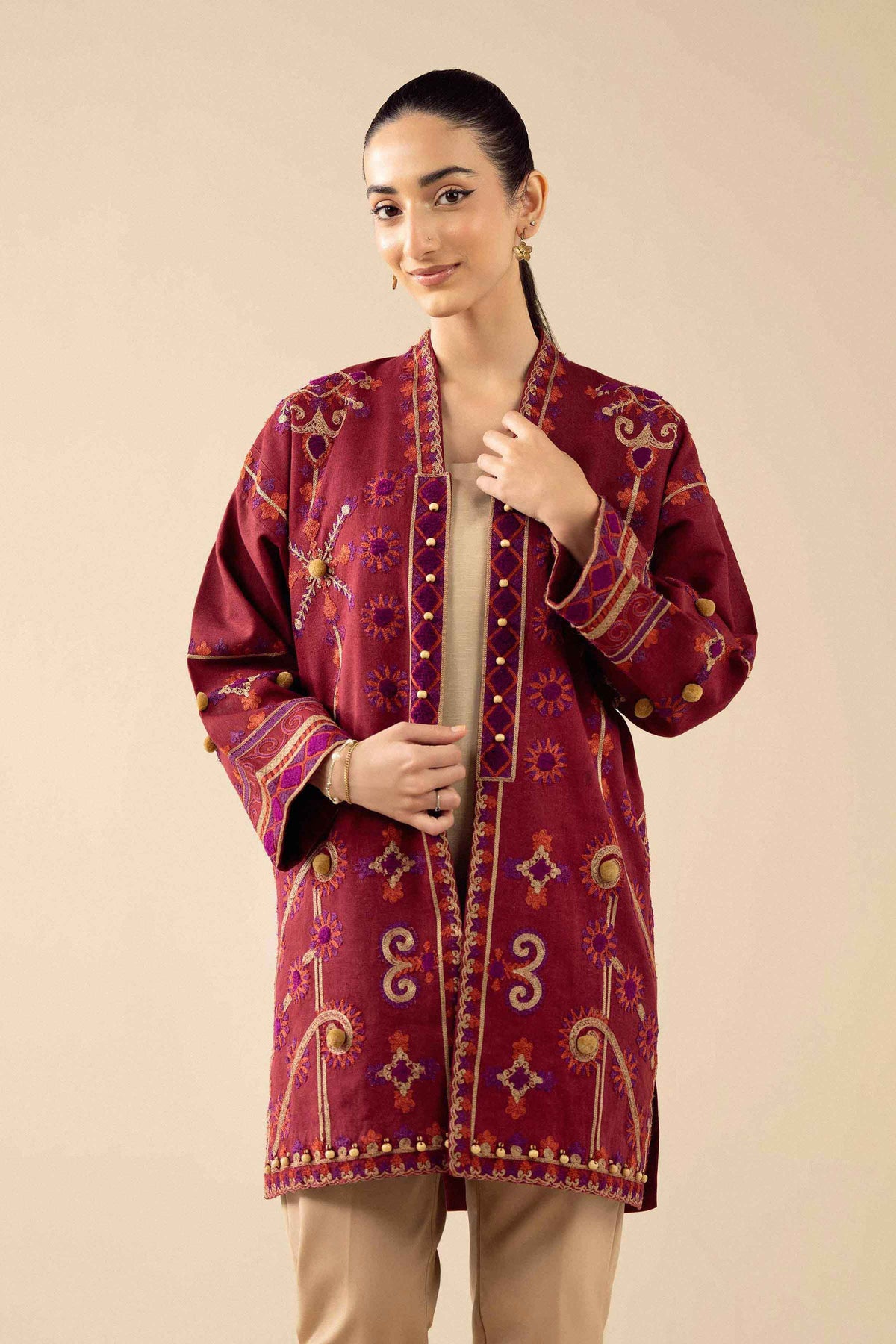 Maroon Embroidered Jacket - PW25-543
