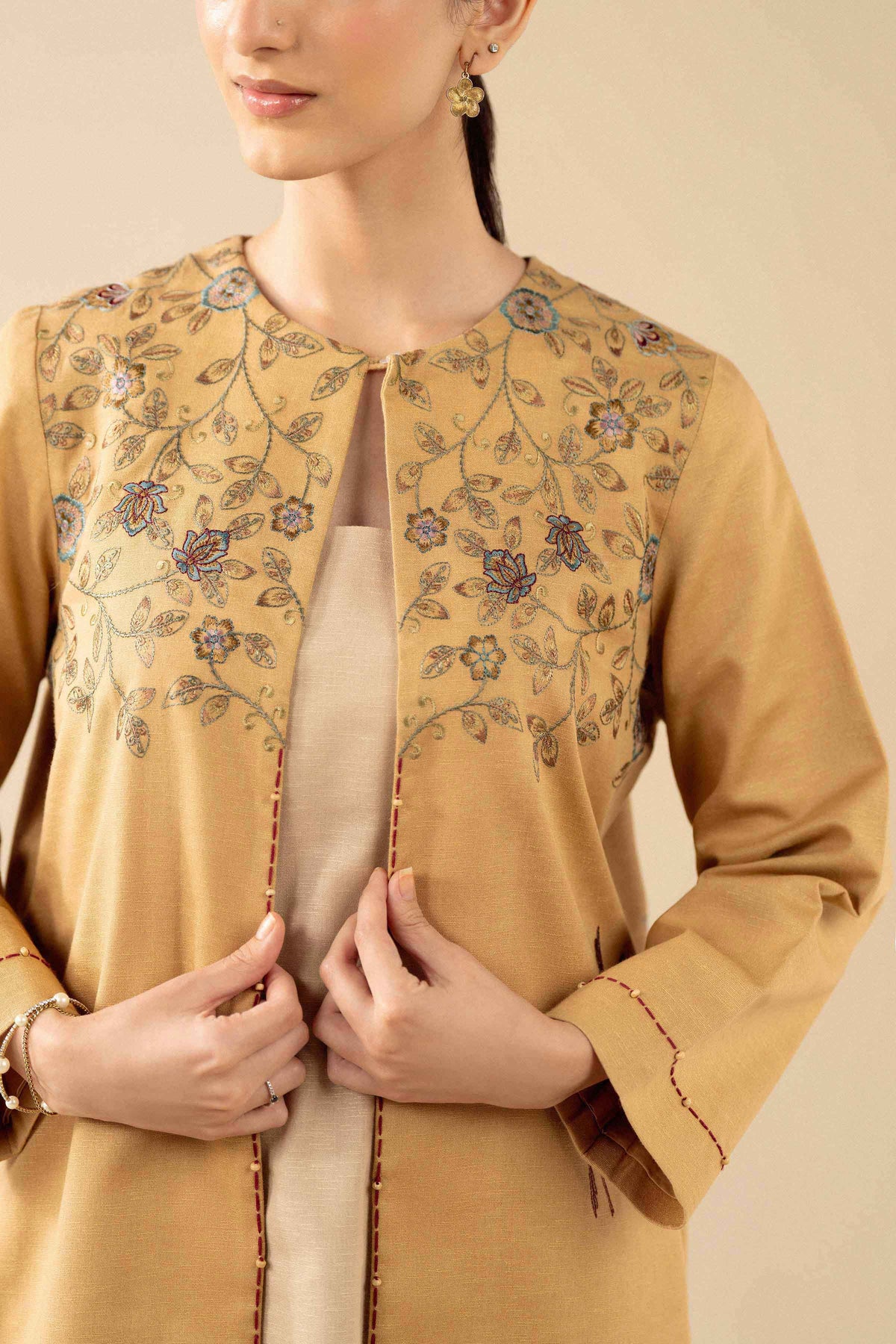 Beige Embroidered Jacket - PW25-546